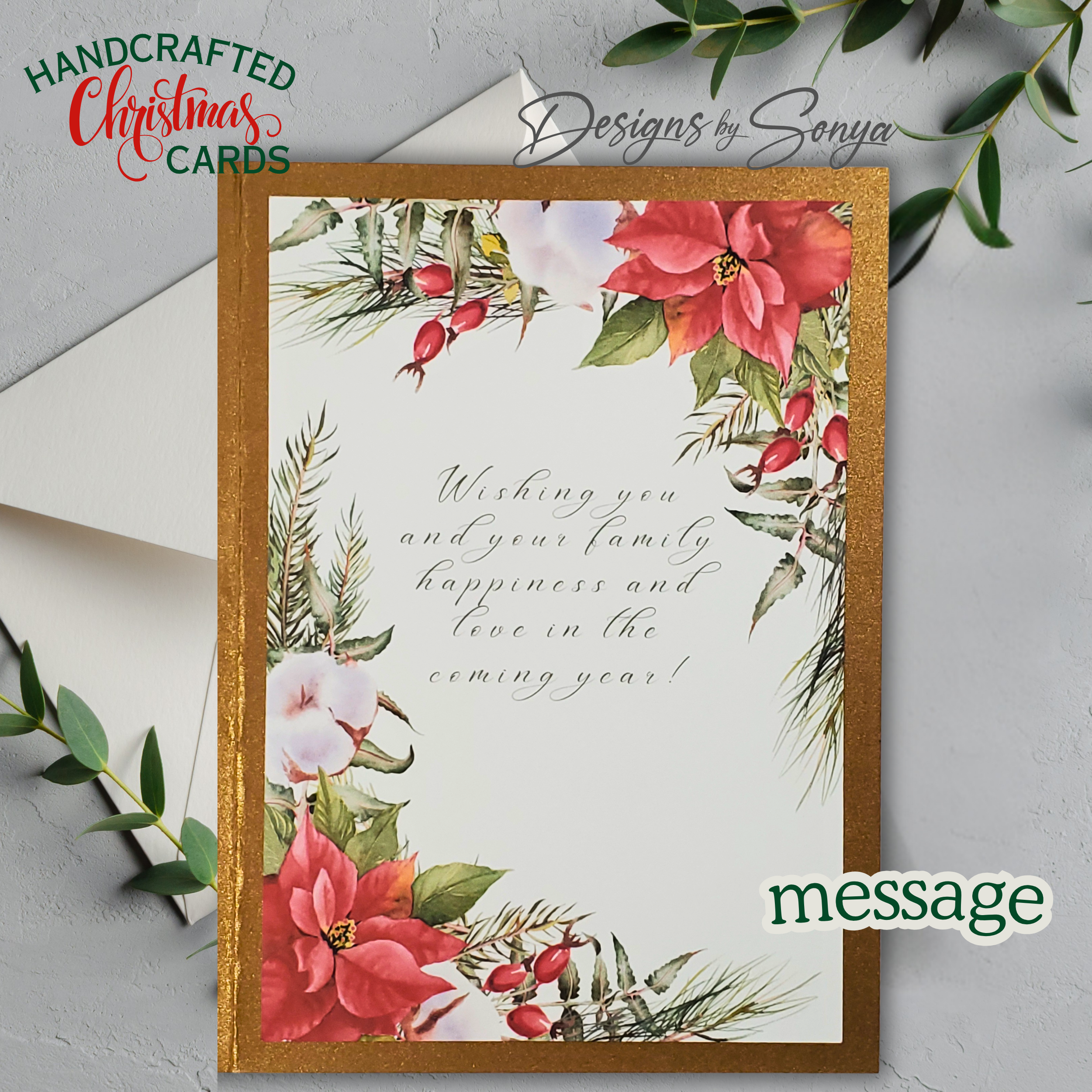 Handmade Gold Glitter Christmas Card with Holly Design – Elegant A7 Holiday Greeting for Corporate Giving, Family, or Keepsake Gifting