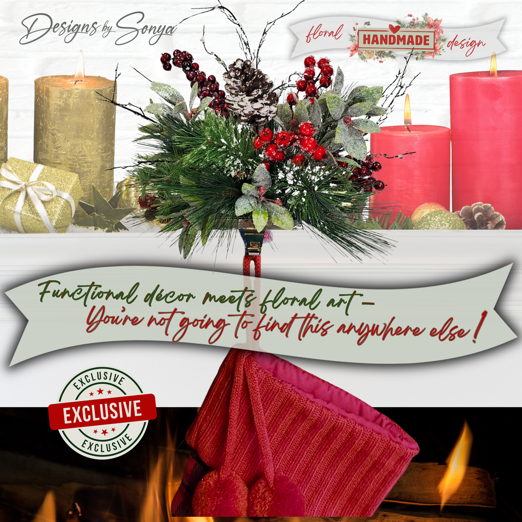 Functional Décor Stocking Holder
Handmade pinecone Christmas stocking holder styled on a festive mantel with candles and garland. Combines frosted greenery, pinecones, and berries for elegant mantel décor while serving as a secure holiday stocking hanger.