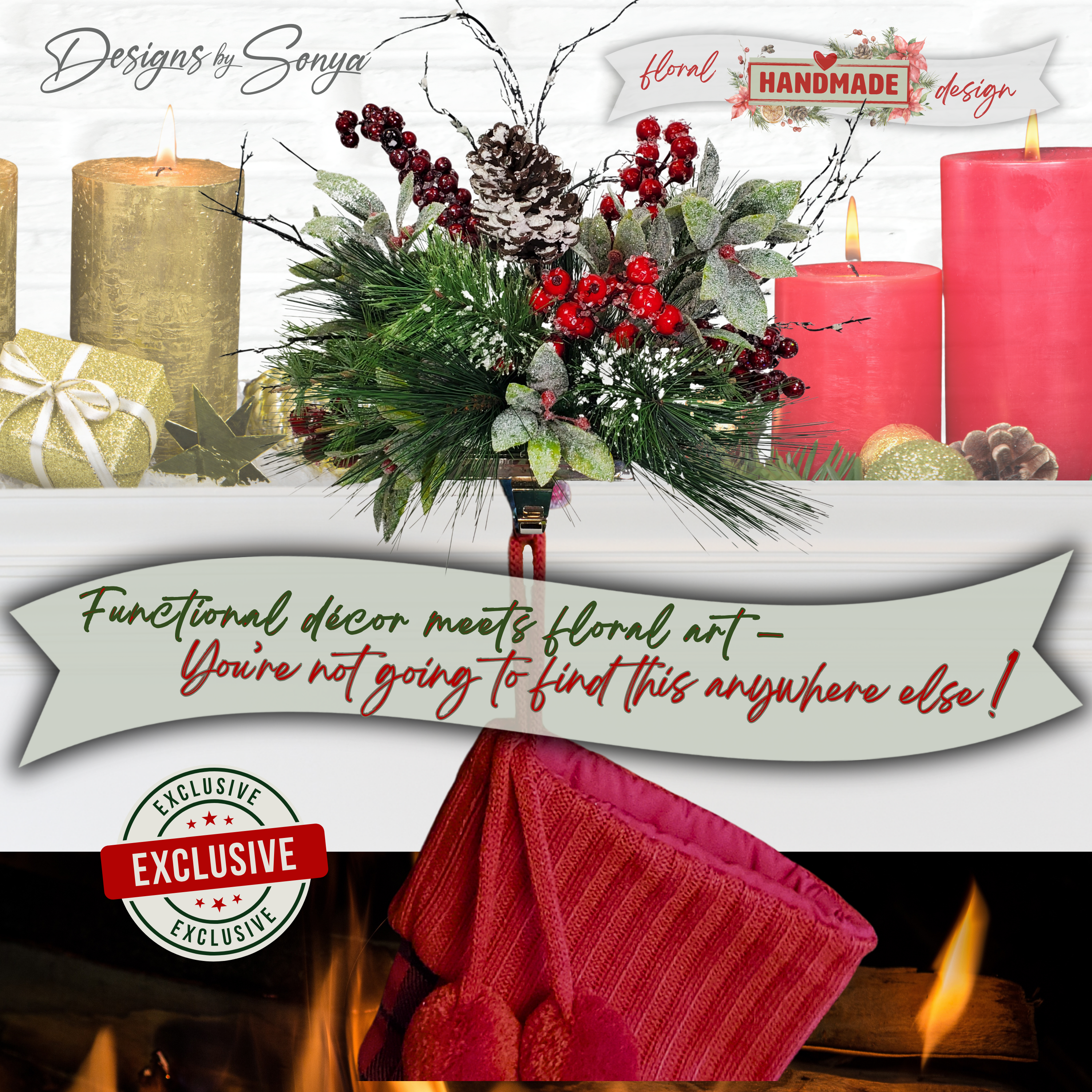 Functional Décor Stocking Holder
Handmade pinecone Christmas stocking holder styled on a festive mantel with candles and garland. Combines frosted greenery, pinecones, and berries for elegant mantel décor while serving as a secure holiday stocking hanger.