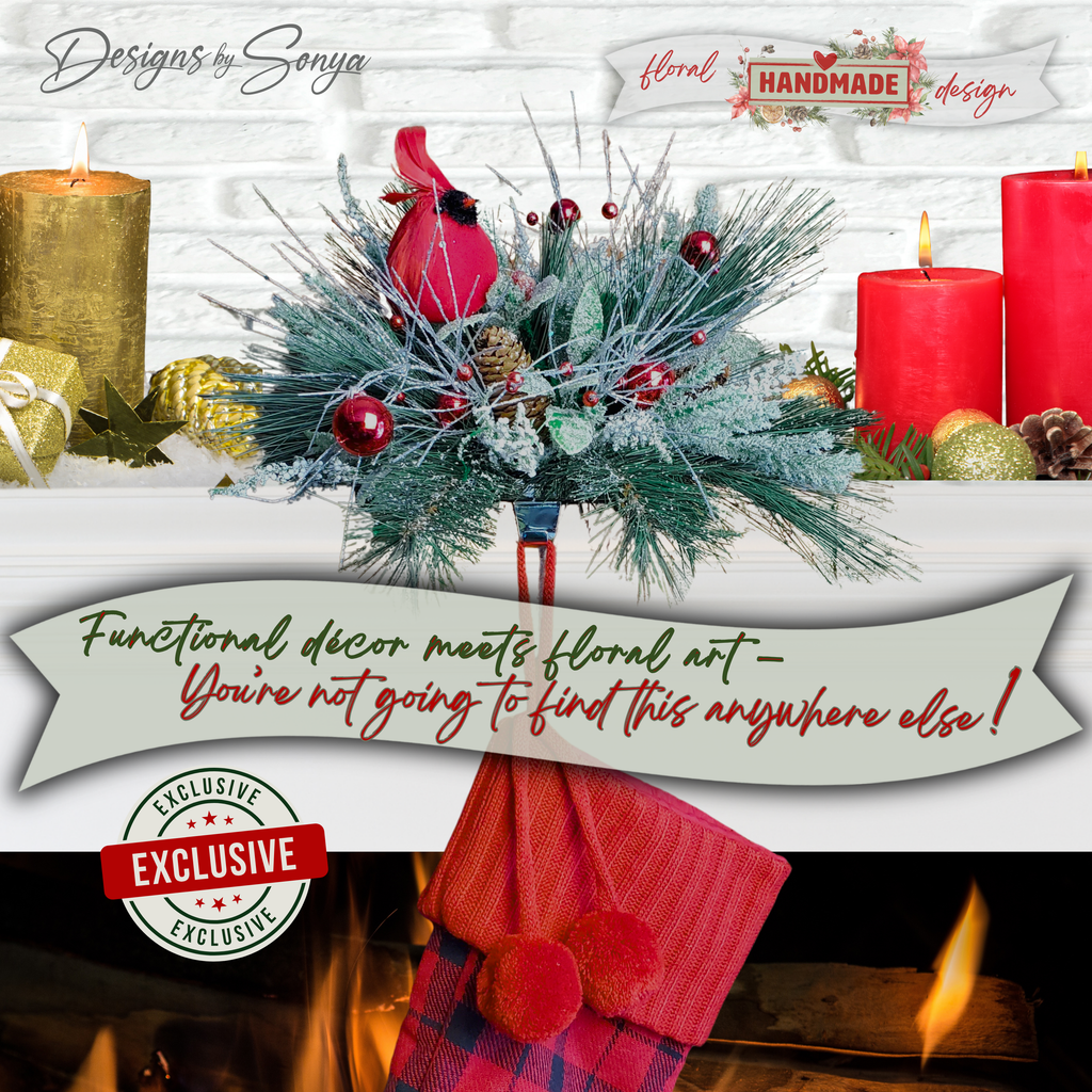 Functional Decor Stocking Holder
Festive cardinal stocking holder displayed on a Christmas mantel. Combines functional stocking hook with floral memorial arrangement, honoring loved ones while decorating for the holidays.