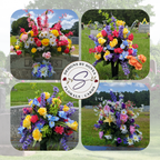 Bright and Colorful Custom Cemetery Vase Arrangements
Vibrant silk cemetery vase arrangements with mixed colors, including yellow roses, red carnations, purple larkspur, and white daisies. Custom floral tributes arranged in full 360° designs, perfect for long-lasting memorial displays.