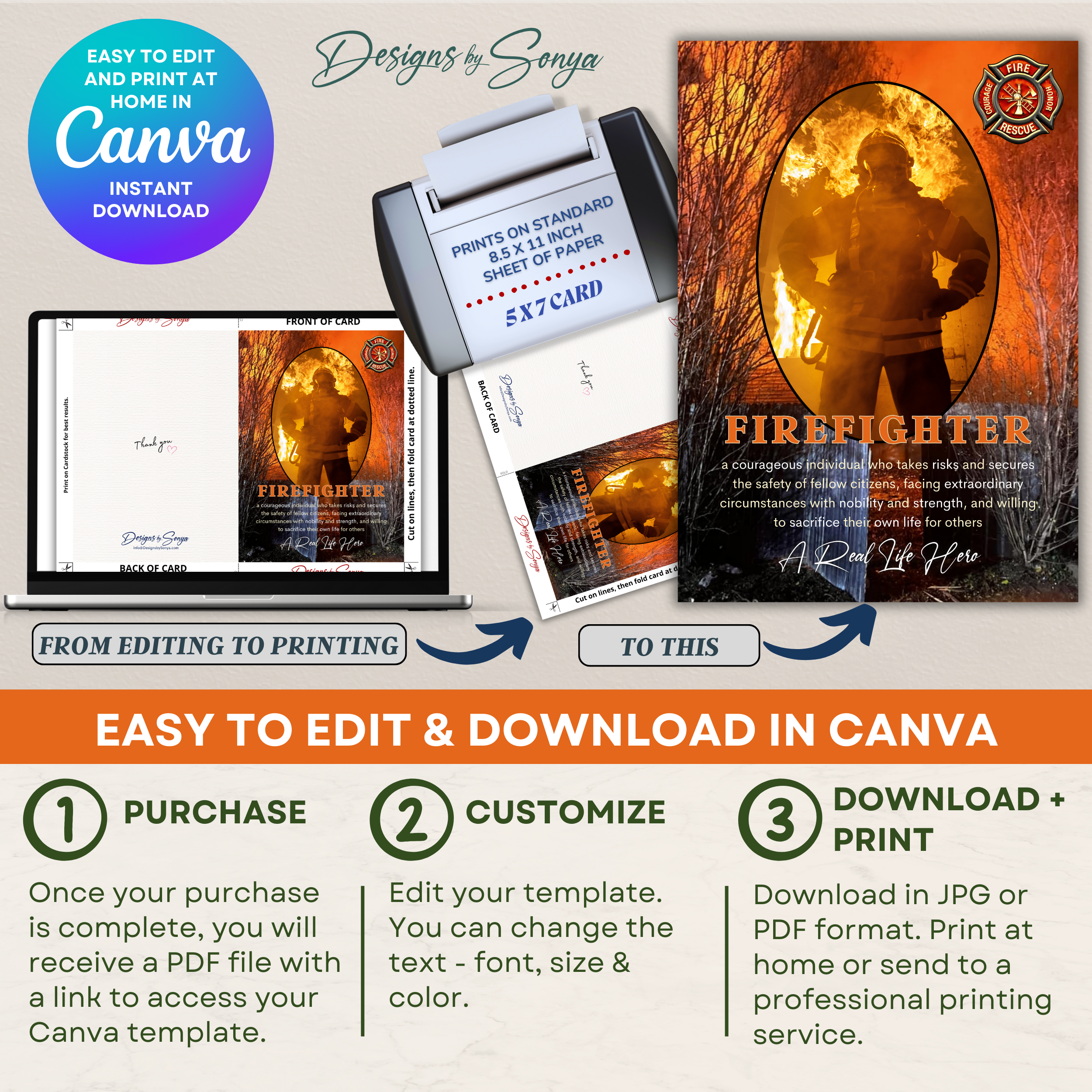 Firefighter Thank You Card | Editable Printable Canva Template | Fireman Appreciation Gift | First Responder Greeting Card, Instant Download