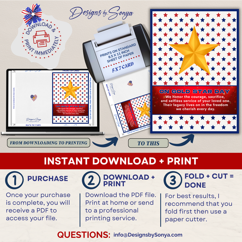 Gold Star Day Patriotic Greeting Card, Military Sympathy Card, 5x7 Memorial Day Card, Instant Download Printable Hero Tribute Card