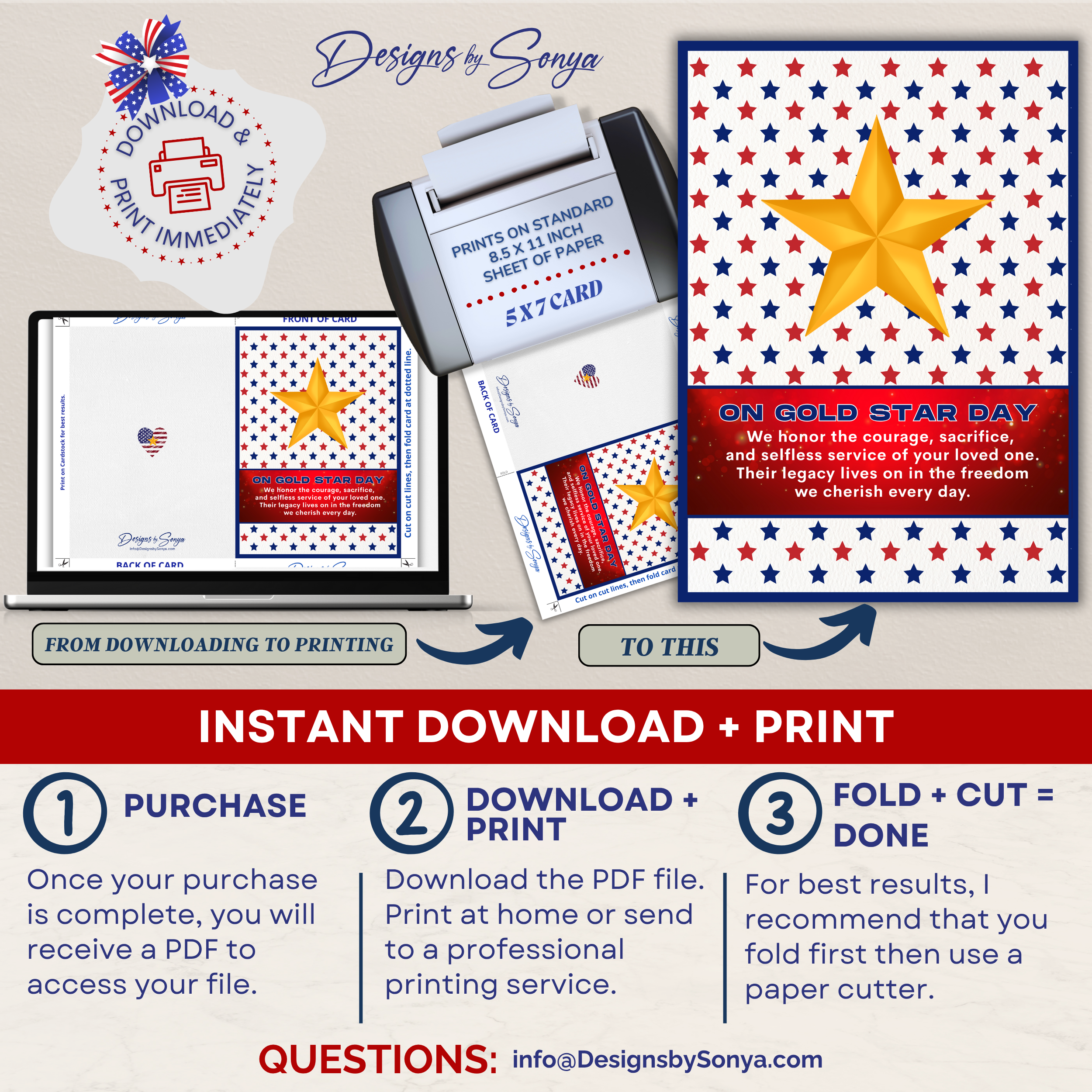 Gold Star Day Patriotic Greeting Card, Military Sympathy Card, 5x7 Memorial Day Card, Instant Download Printable Hero Tribute Card