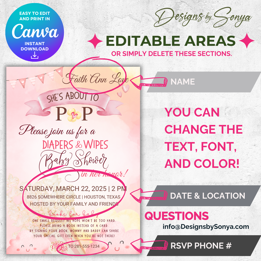 She’s About to Pop Baby Shower Invitation | Editable Canva Template | Pink Watercolor Balloon Theme | Custom Party Printable 5x7 Invite