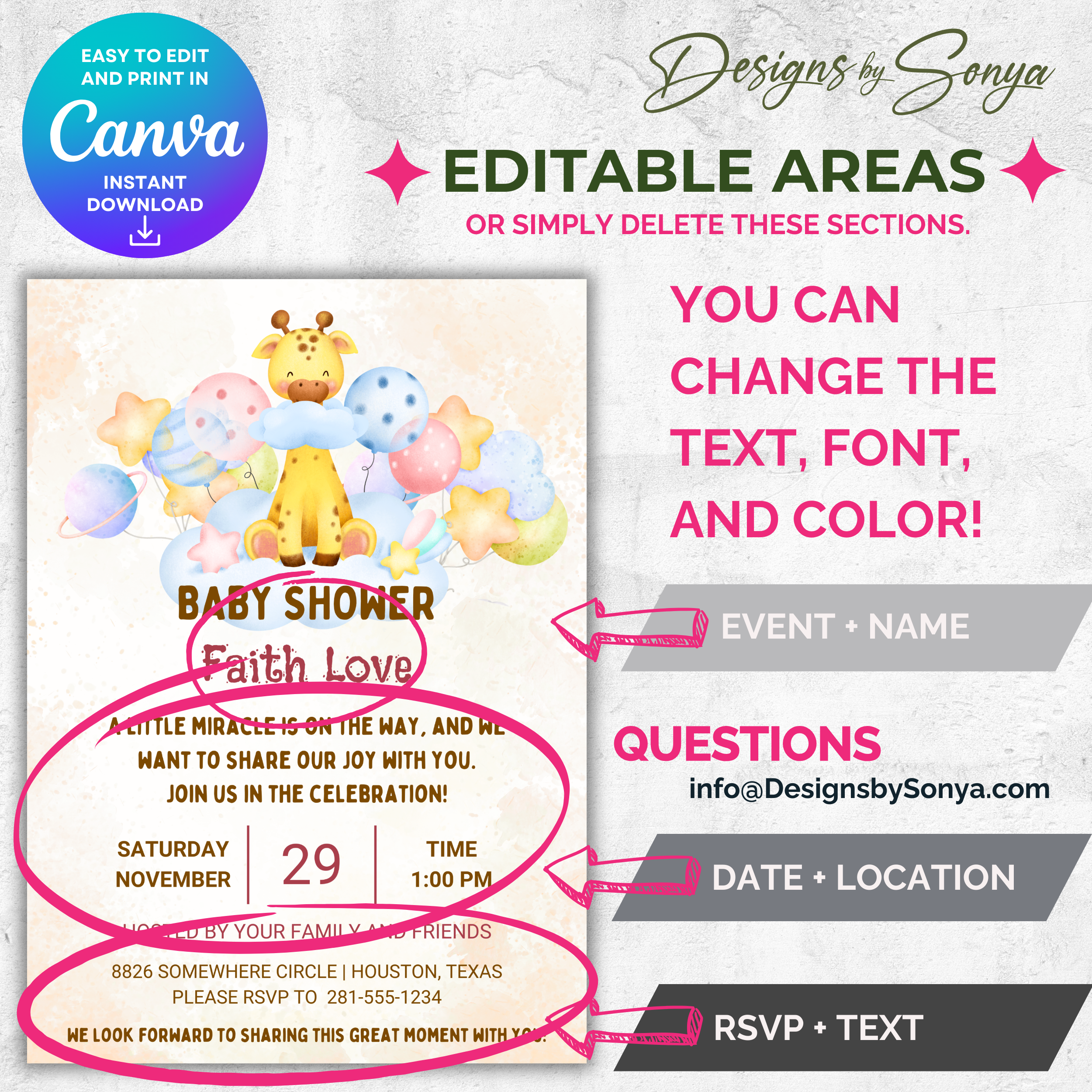 Giraffe Baby Shower Invitation Template | Cute Gender Neutral Baby Shower Invite | Editable Canva Design | Printable 5x7 Digital Download for Parents & Hosts