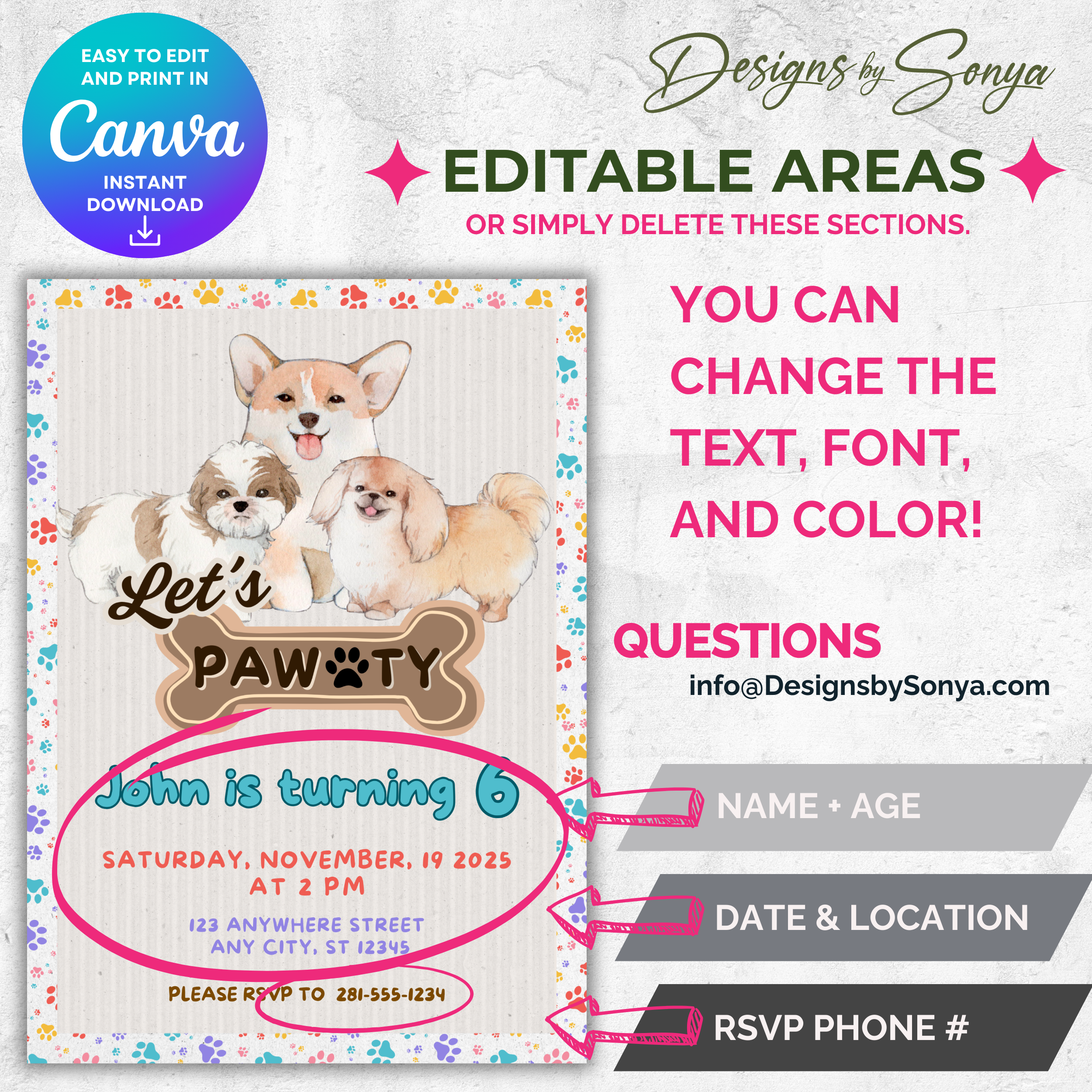 Dog Birthday Party Invitation | Let’s Pawty Editable Canva Template | Printable Pet-Themed Kids Birthday Invite | Cute 5x7 Digital Download