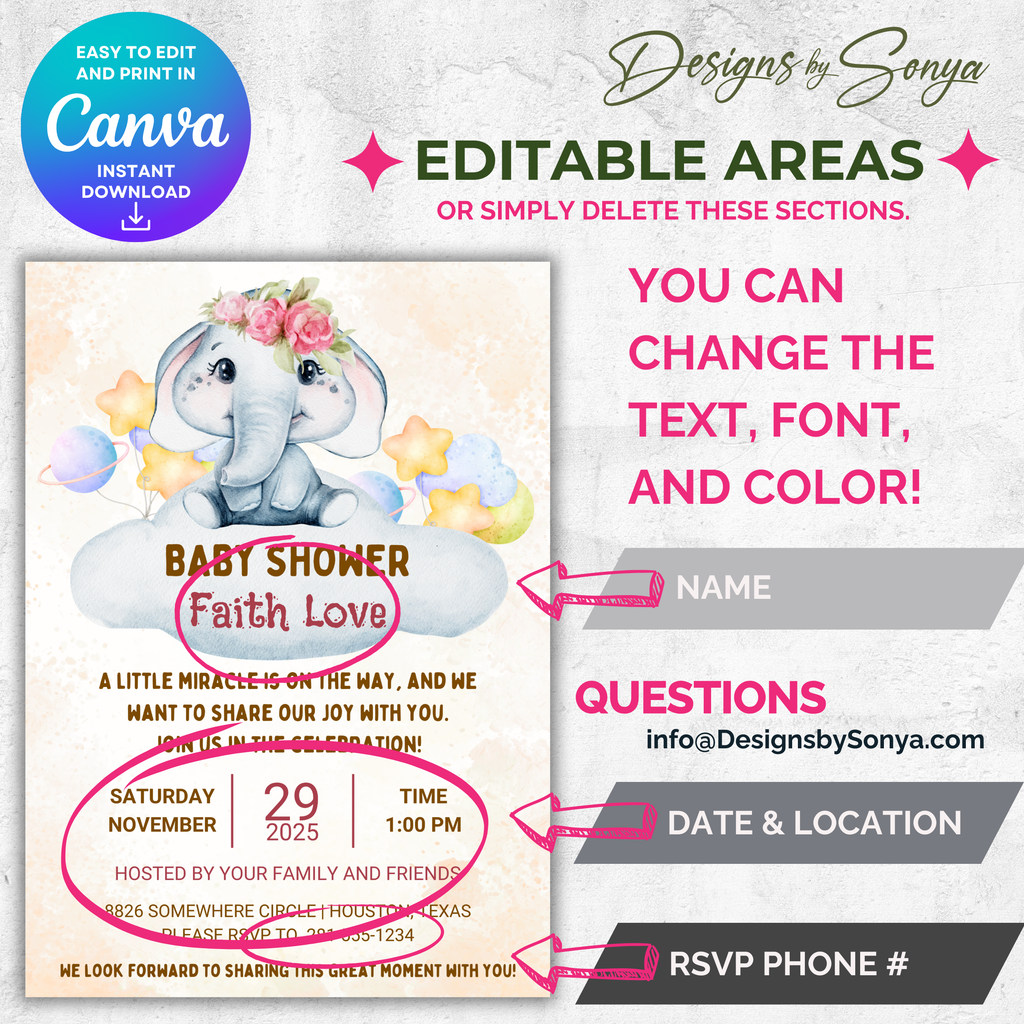 Elephant Baby Shower Invitation Template | Cute Gender Neutral Canva Invite | Editable 5x7 Printable Baby Shower Digital Download for Parents & Hosts