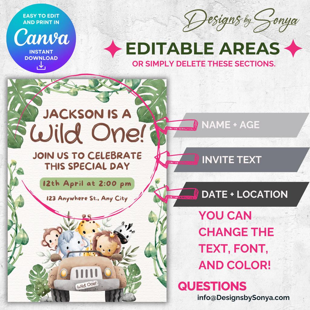 Wild One Safari Birthday Invitation | Jungle Animal Party Invite | Editable Canva Template | Printable 5x7 Kids Birthday Invitation Digital Download