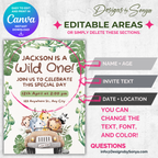 Wild One Safari Birthday Invitation | Jungle Animal Party Invite | Editable Canva Template | Printable 5x7 Kids Birthday Invitation Digital Download