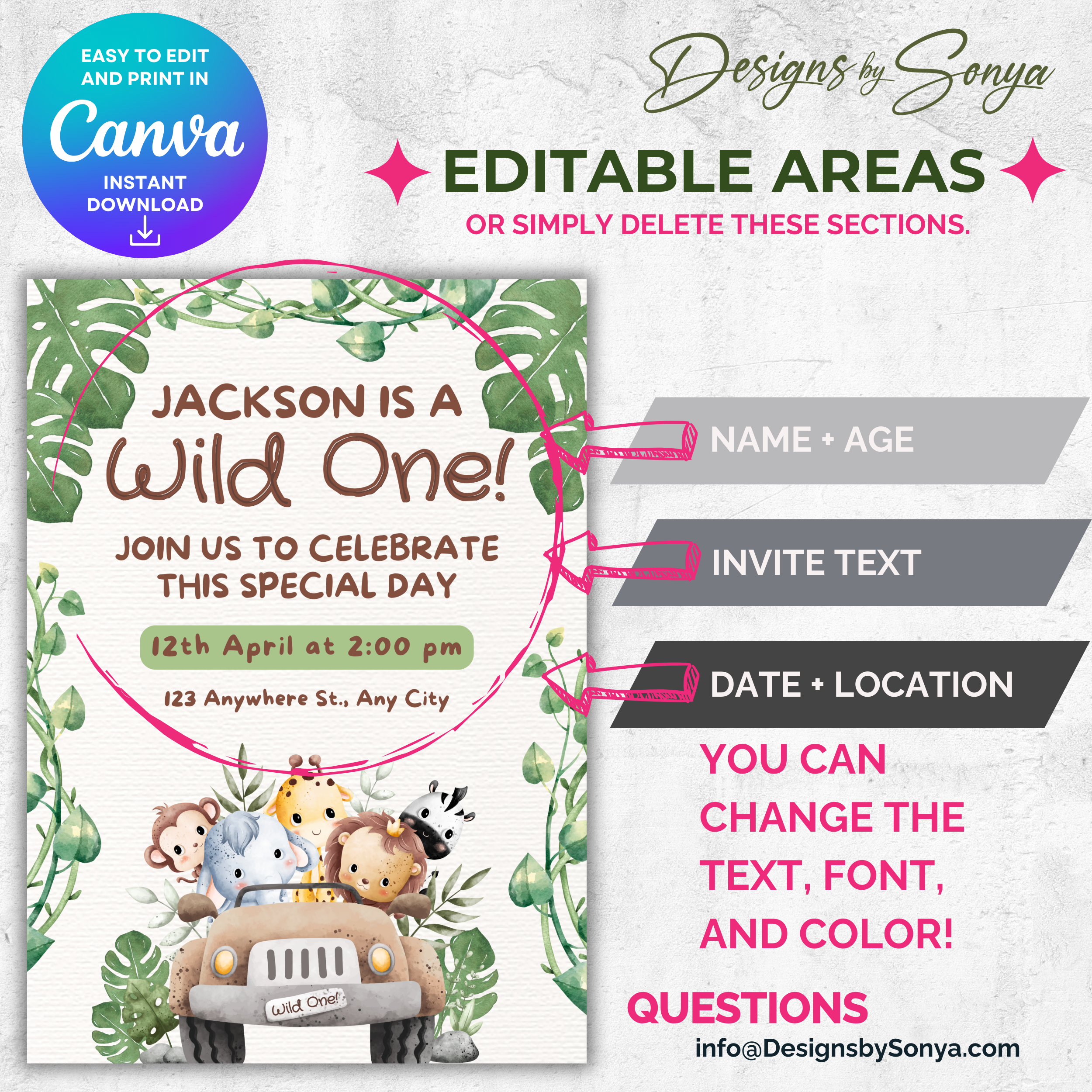 Wild One Safari Birthday Invitation | Jungle Animal Party Invite | Editable Canva Template | Printable 5x7 Kids Birthday Invitation Digital Download