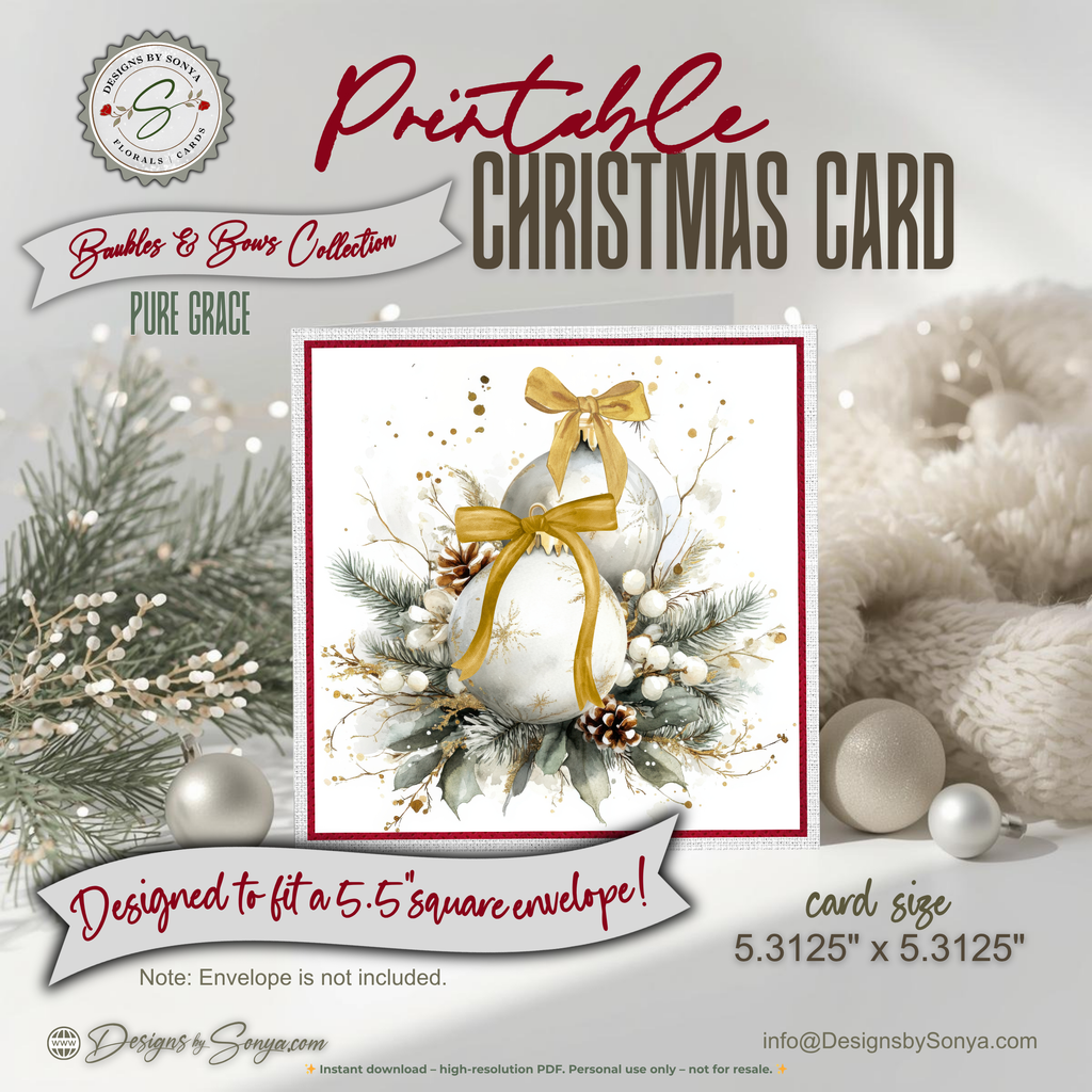 Watercolor Christmas Card Printable | Gold Ribbon Ornaments & Evergreen | Elegant Square Holiday Card