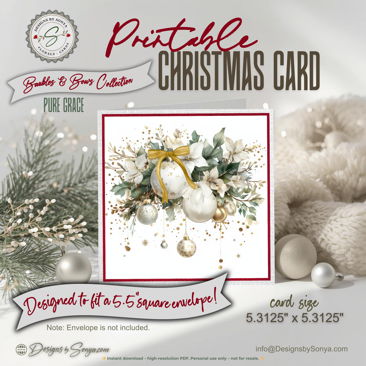 Printable Christmas Greeting Card | Gold & White Ornaments with Poinsettias | Elegant Watercolor Holiday Card