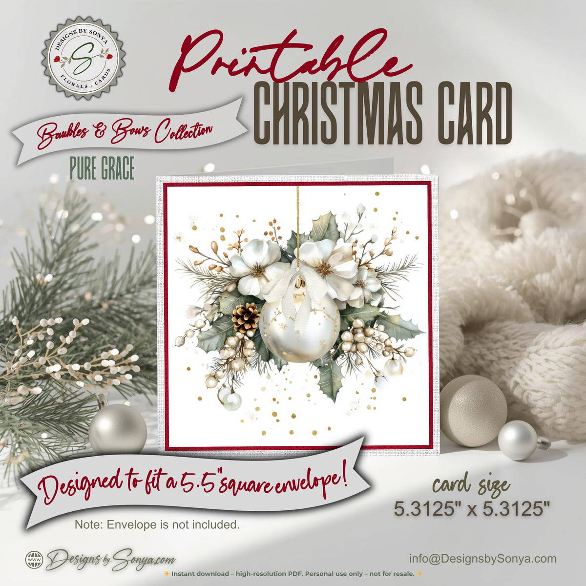 Printable Christmas Card | White Ornament with Poinsettias & Holly | Elegant Watercolor Holiday Card