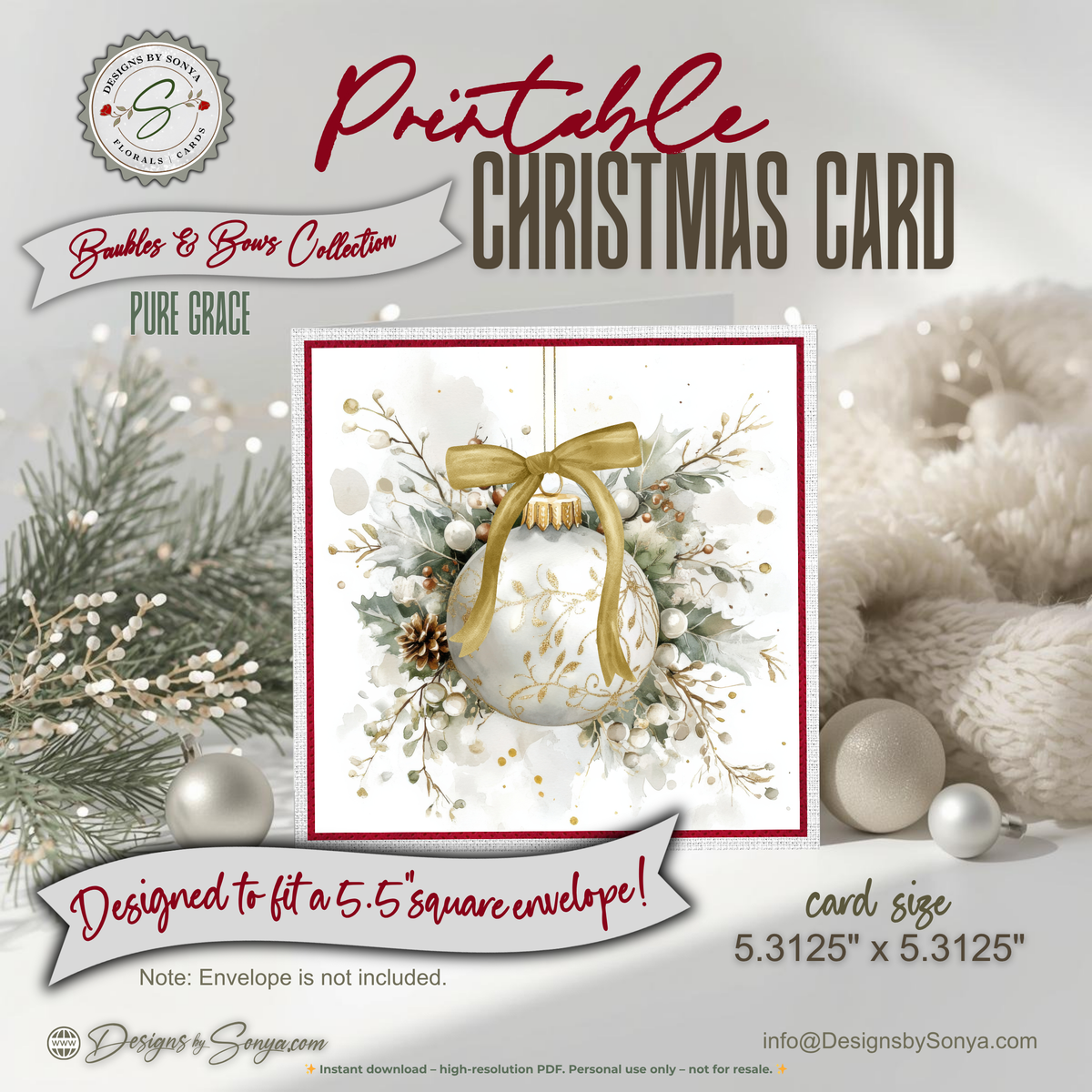 Elegant Printable Christmas Card | Gold Bow Ornament with Holly & Pinecones | Watercolor Holiday Card
