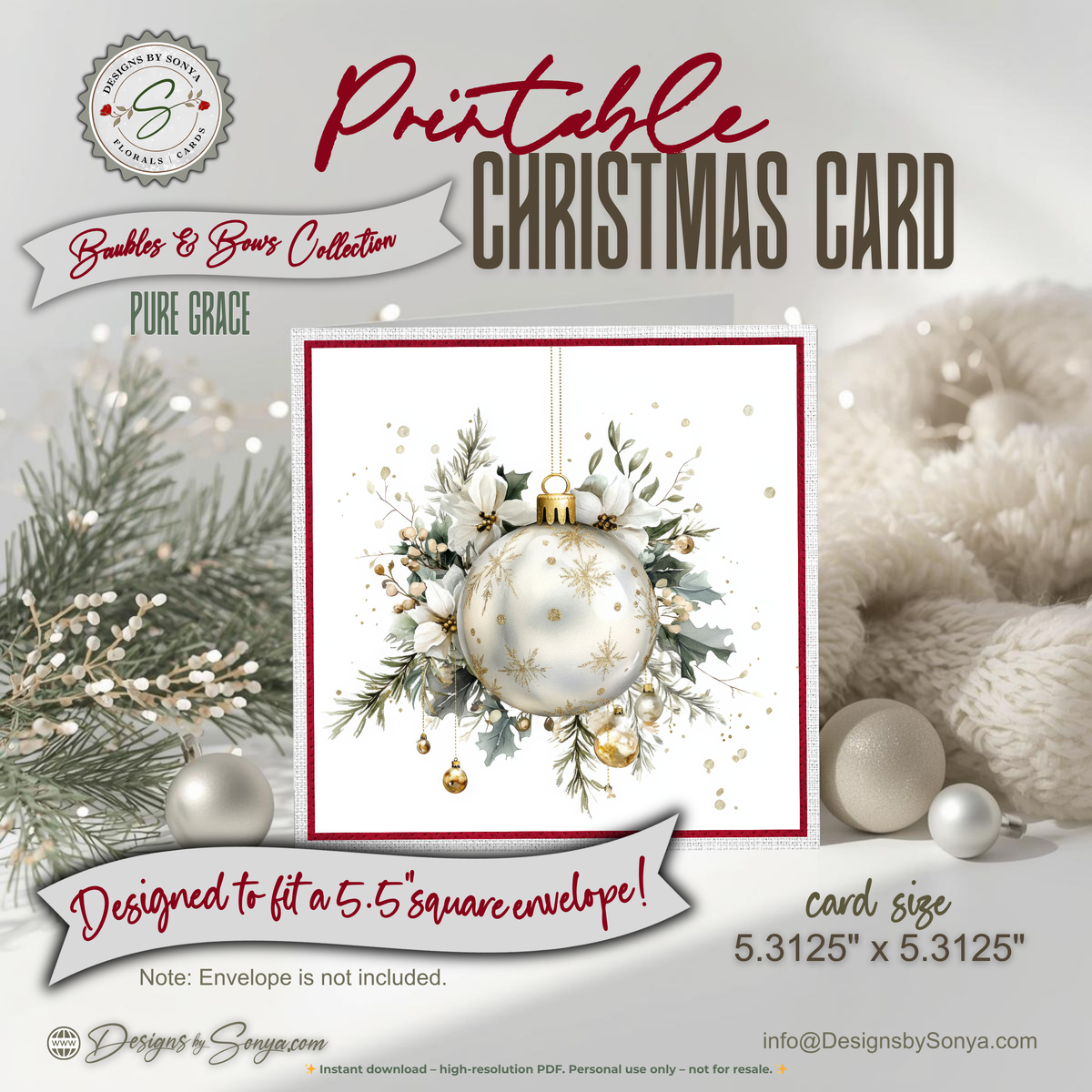Elegant Printable Christmas Card | White & Gold Ornament with Winter Greenery | Holiday Greeting Card
