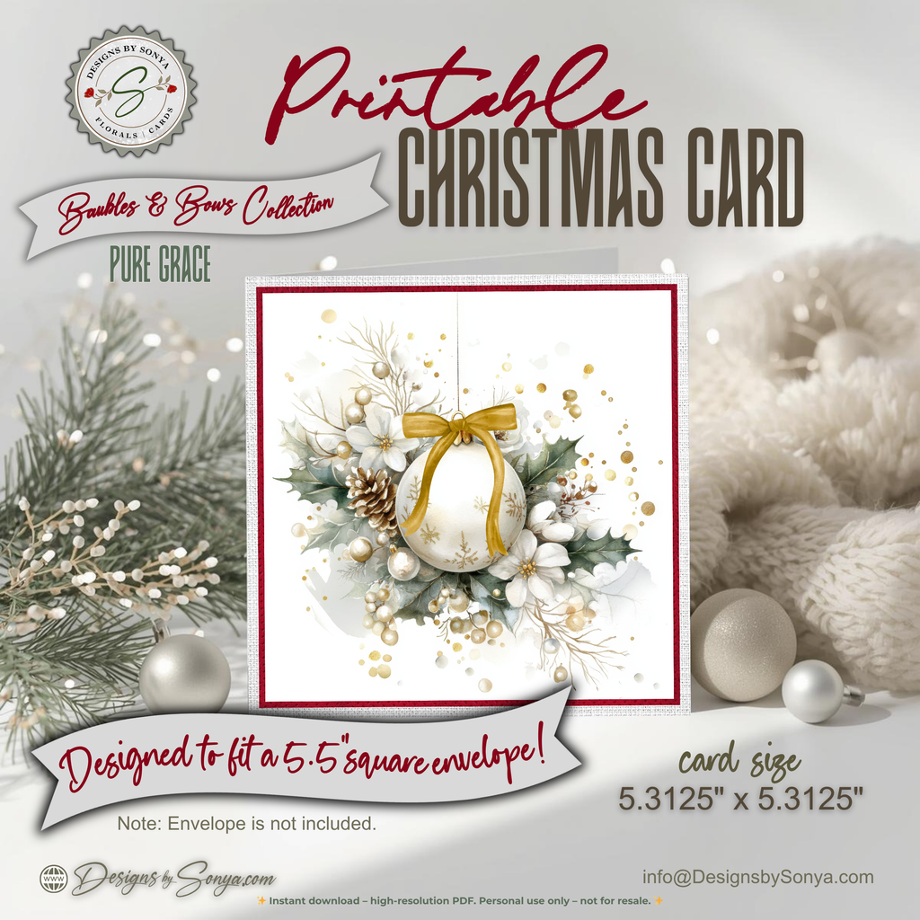 Printable Christmas Card | Gold Bow Ornament with Holly, Pinecones & Winter Florals | Elegant Holiday Card