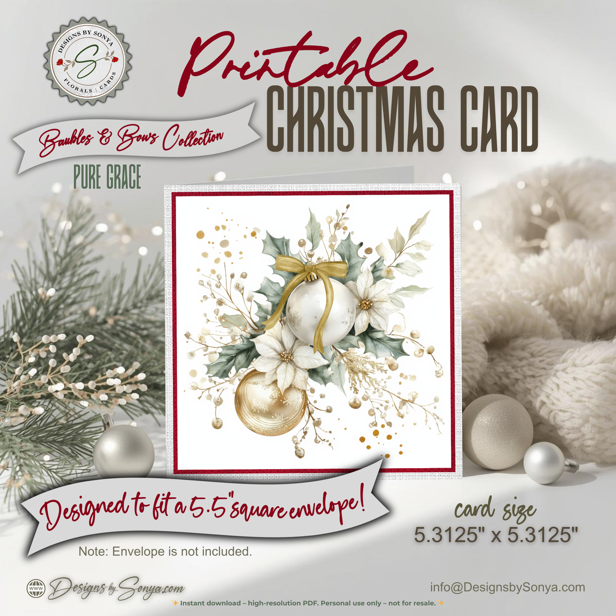 Printable Christmas Card | Gold Bow Ornaments with Evergreen & Pinecones | Elegant Holiday Card