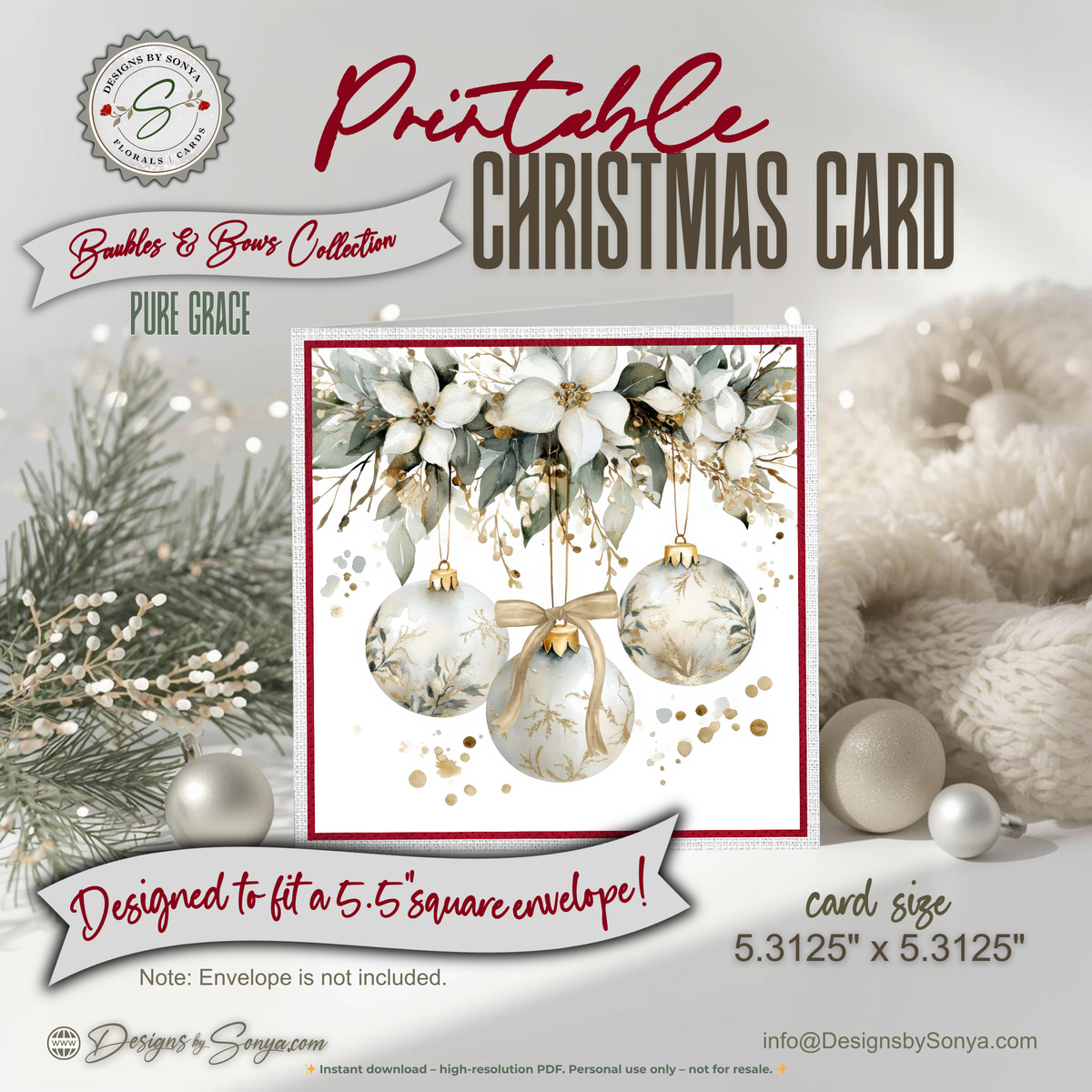 Watercolor Christmas Card Printable | White Ornaments & Winter Florals | Elegant Holiday Greeting Card