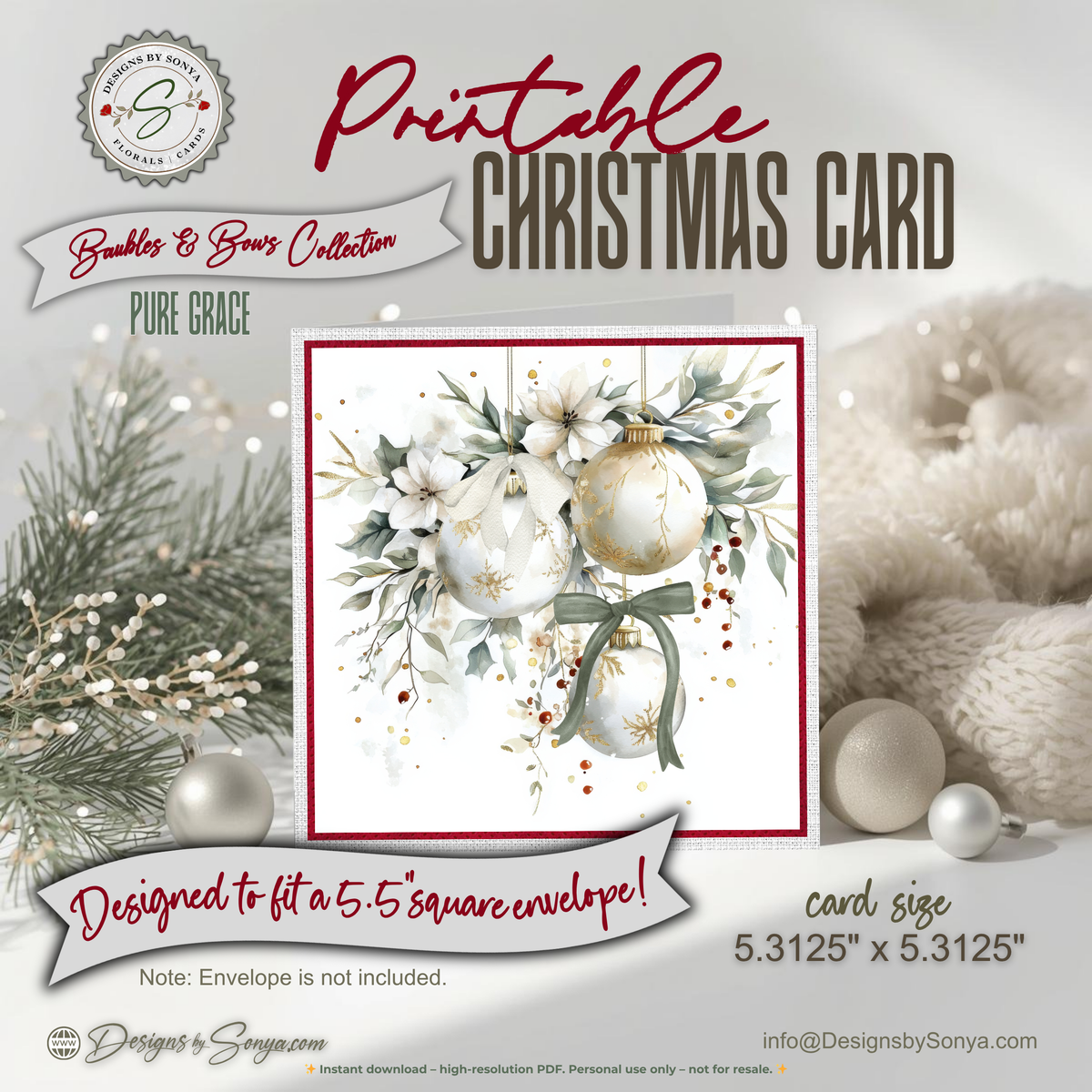 Elegant Printable Christmas Card | Watercolor Ornaments with Bows & Winter Florals | Holiday Greeting Card