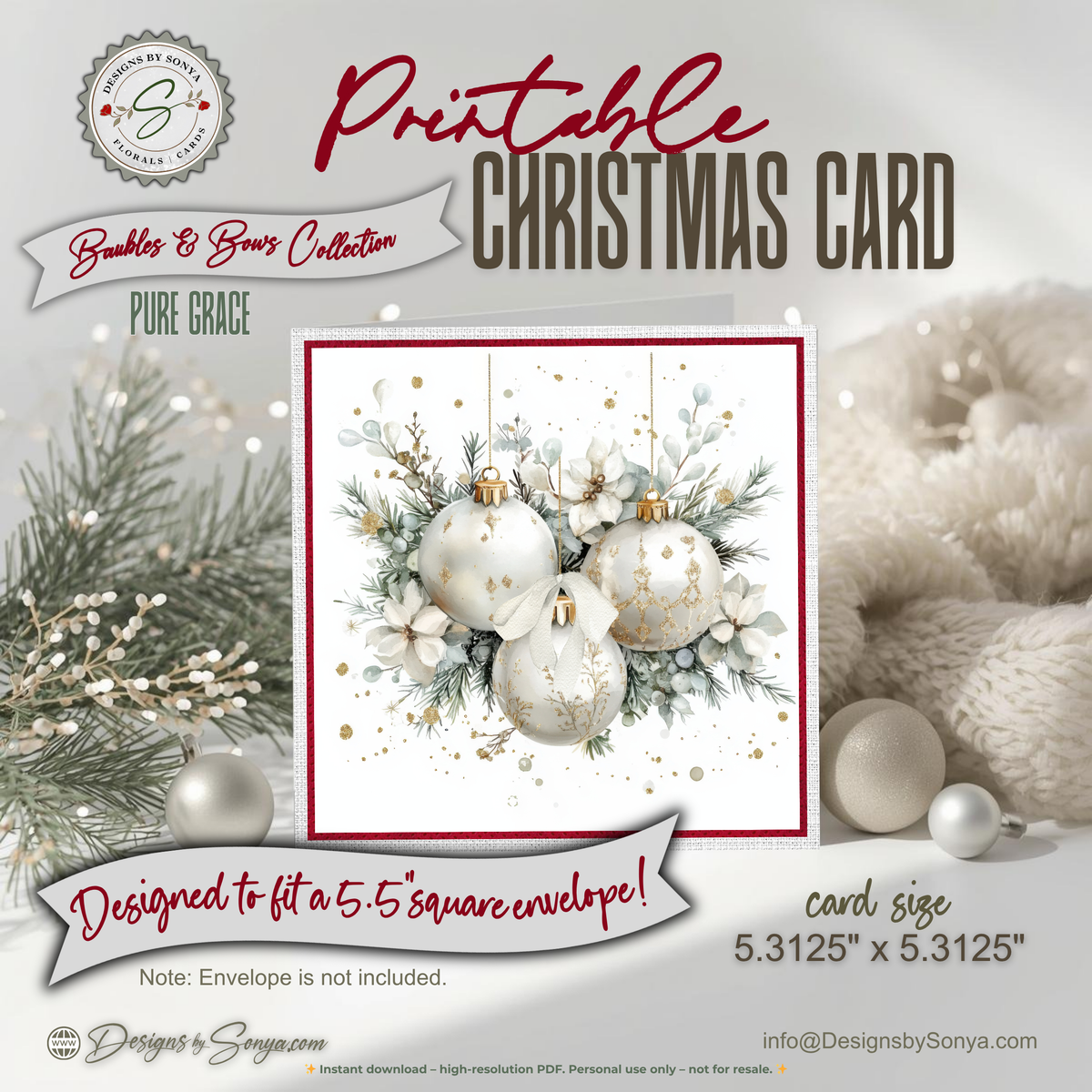 Elegant Christmas Card Printable | White & Gold Ornaments with Winter Florals | Square Holiday Card