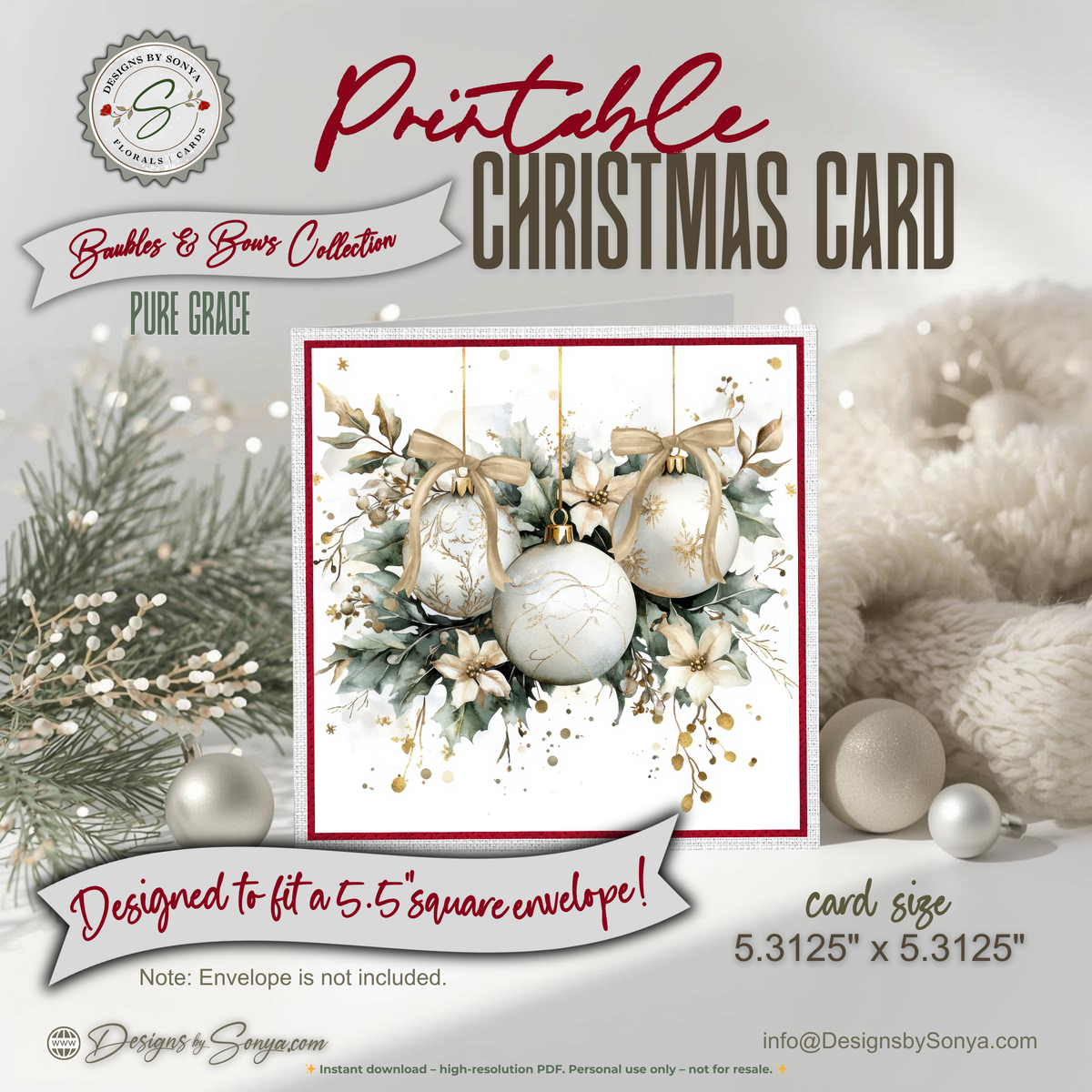 Printable Holiday Card | White & Gold Christmas Ornaments with Poinsettias | Elegant Square Card