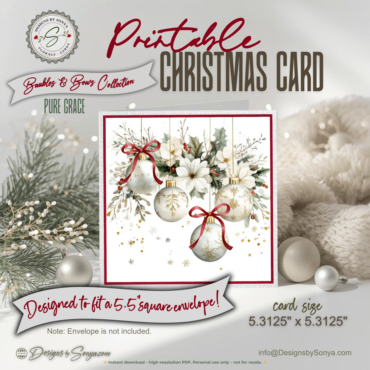 Printable Christmas Card | Red Bow Ornaments with Holly & Winter Florals | Elegant Holiday Card