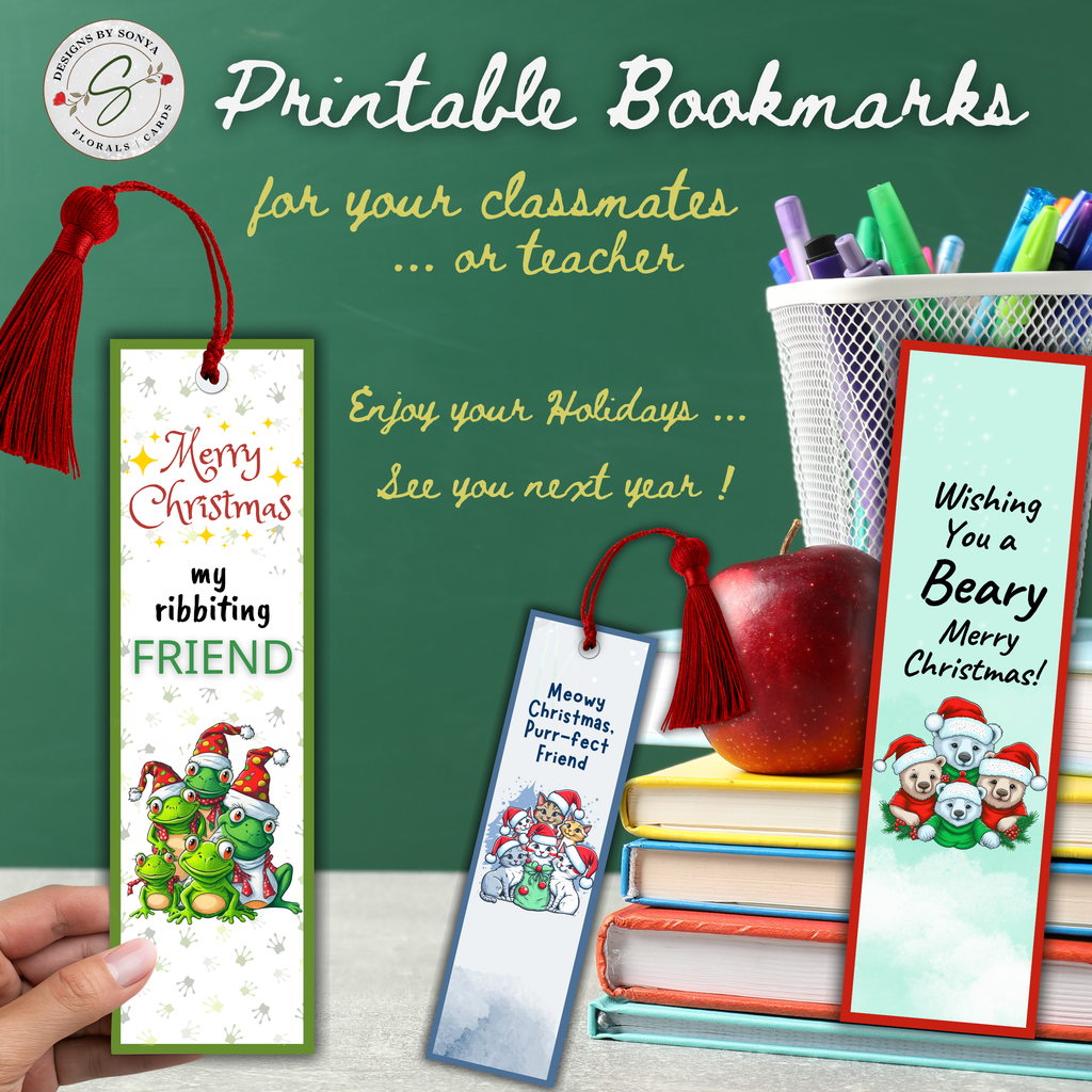 Printable Christmas Bookmarks | Set of 5 Holiday Animal Bookmarks | Classroom Gifts, Teacher Gifts & Stocking Stuffers | 2 x 7 PDF