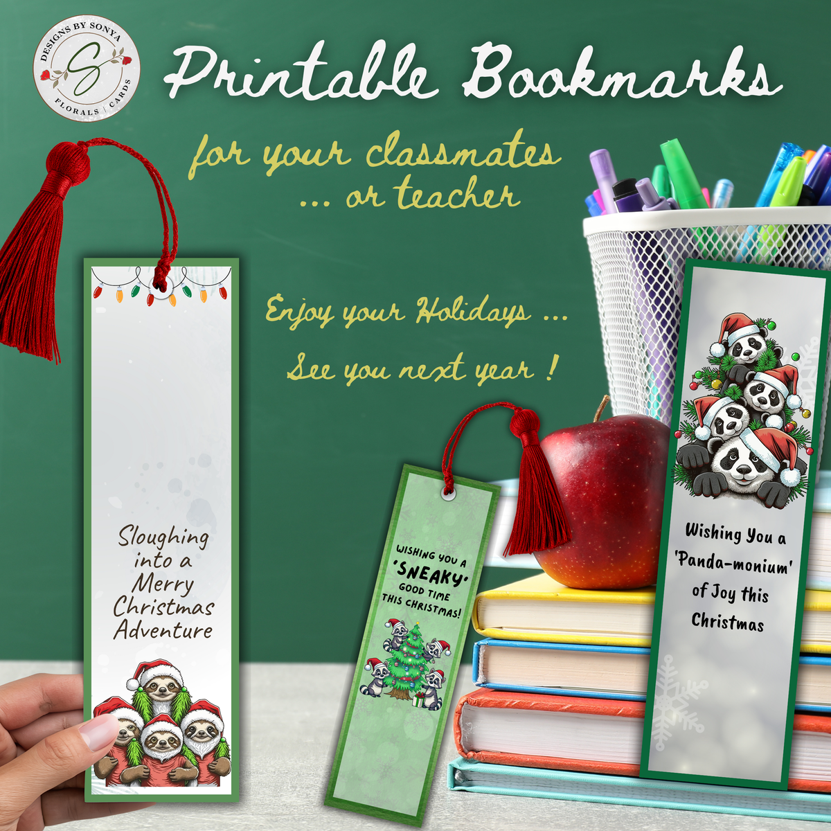 Printable Christmas Bookmarks | Set of 5 Cute Animal Holiday Bookmarks | Classroom Gifts, Teacher Gifts & Stocking Stuffers | 2 x 7 PDF