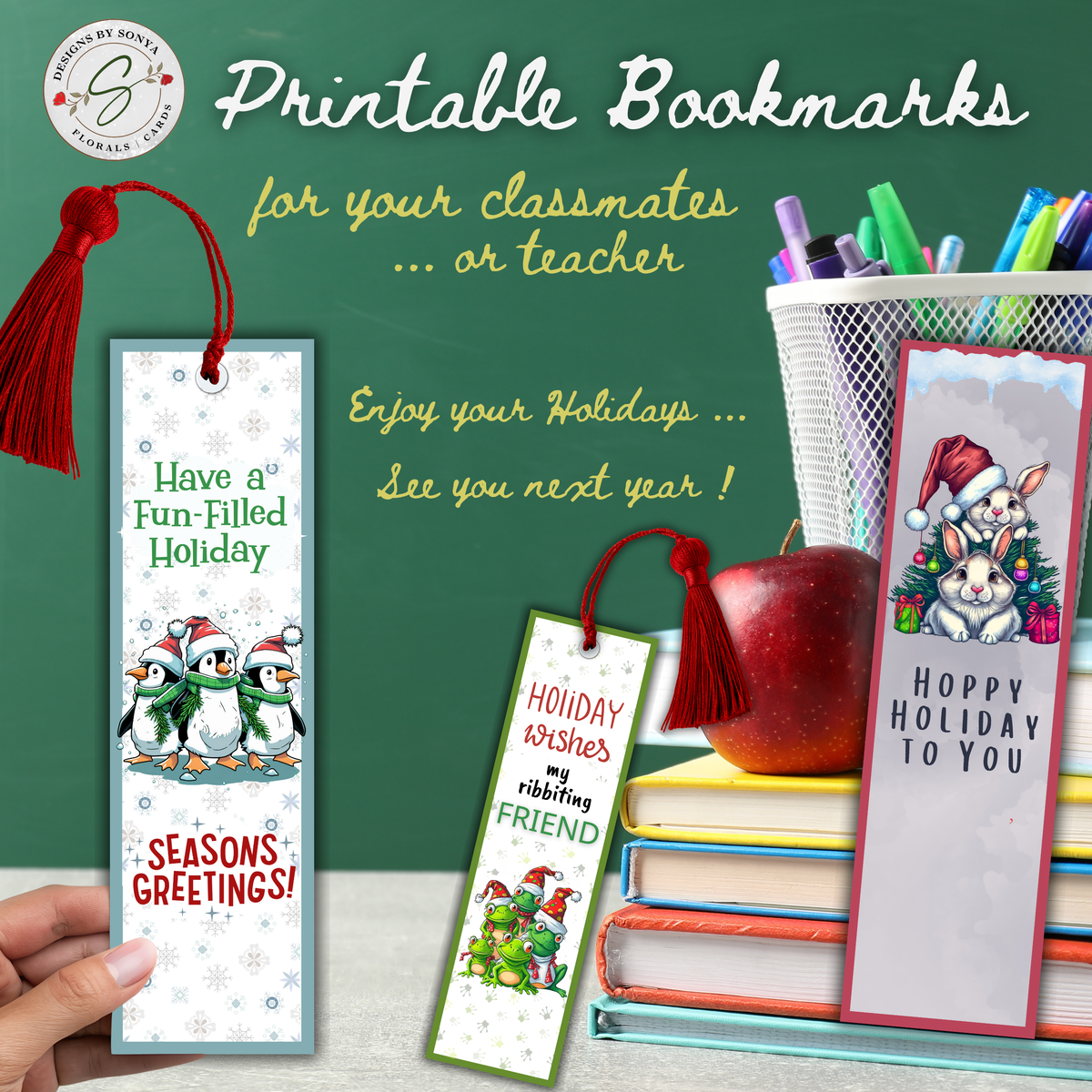 Printable Christmas Bookmarks | Set of 5 Holiday Animal Bookmarks | Flamingos, Frogs, Penguins & Bunnies | Classroom Gifts | 2 x 7 PDF