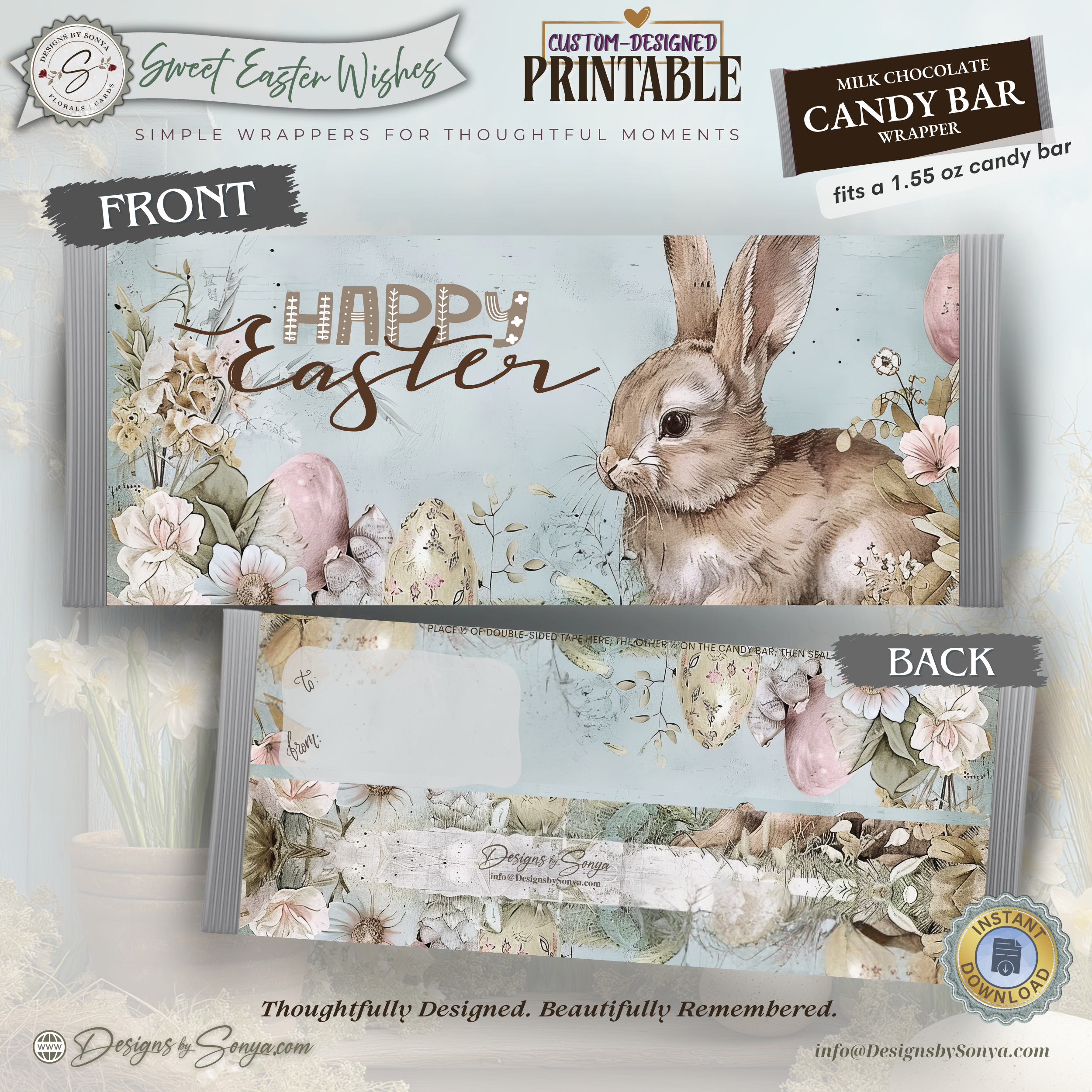 Easter Bunny Candy Bar Wrapper Printable – Sweet Easter Wishes Chocolate Bar Sleeve – Spring Treat Party Favor for Kids, Teachers & Friends