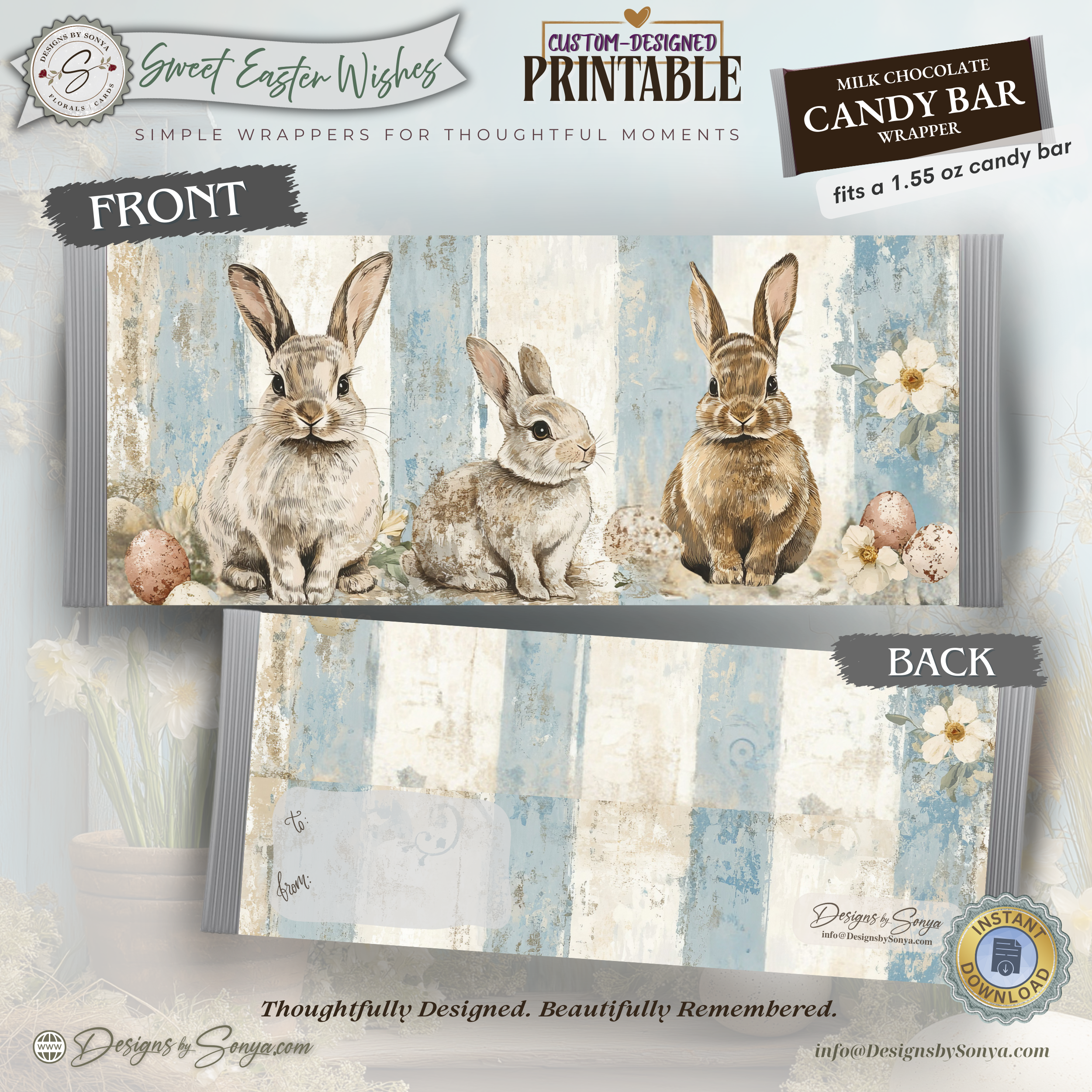 Easter Bunny Candy Bar Wrapper Printable – Trio Bunny Chocolate Bar Sleeve – Spring Treat Party Favor for Kids, Teachers & Friends