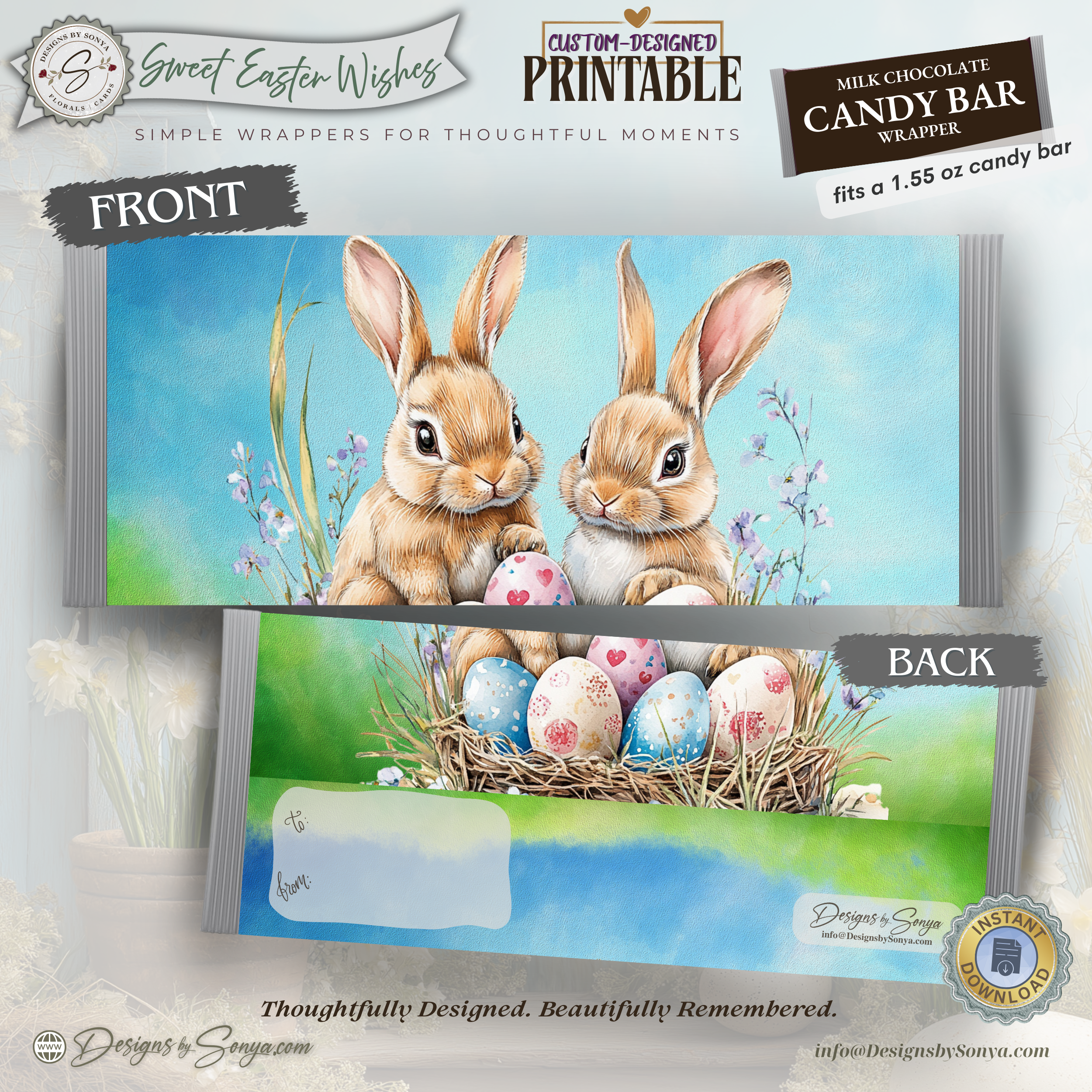Watercolor Bunny Easter Candy Bar Wrapper Printable – Nest & Speckled Eggs Chocolate Wrap for 1.55 oz Bars – Spring Party Favor - Easter Basket Treat