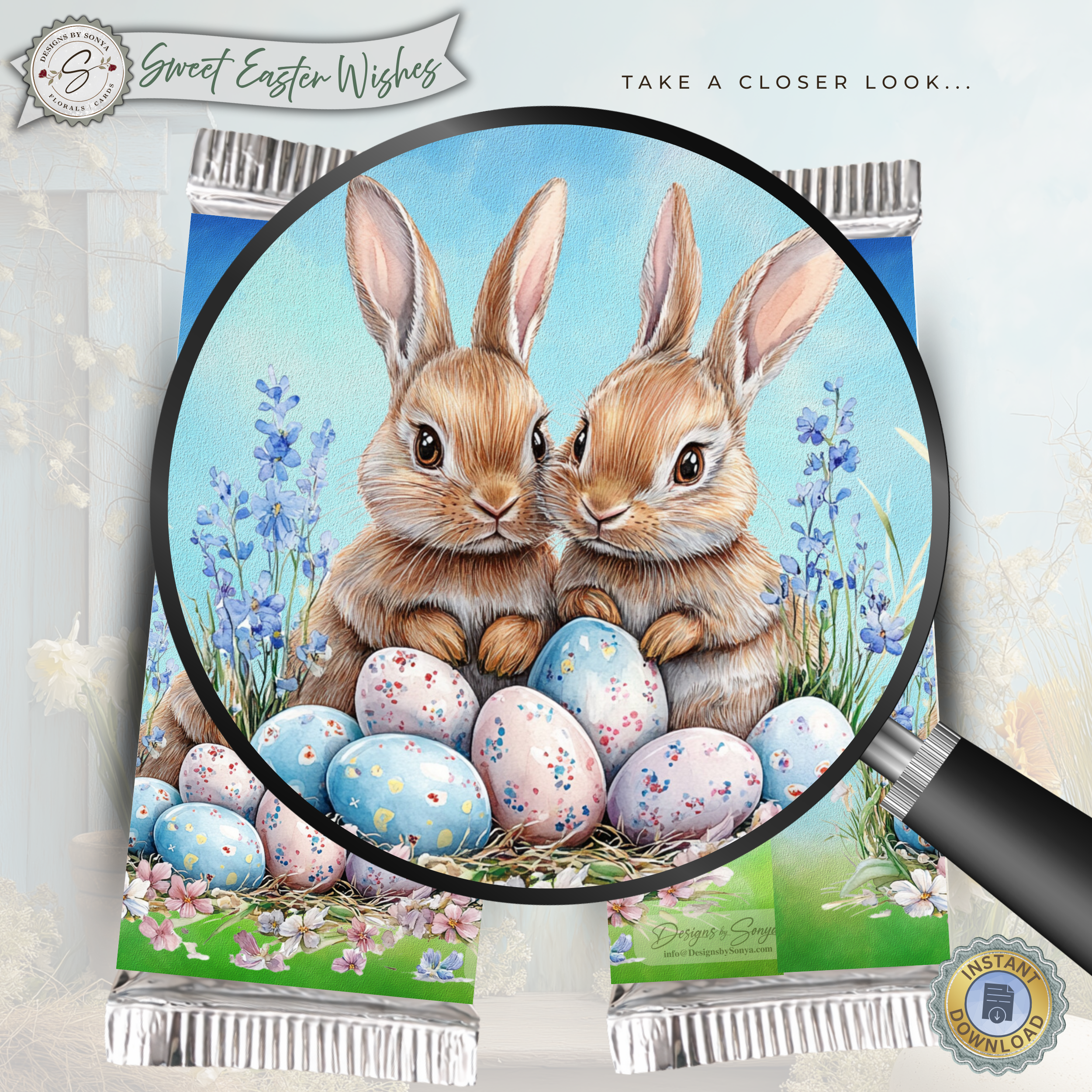 Sweet Easter Wishes Bunny Candy Bar Wrapper Printable – Watercolor Chocolate Sleeve for 1.55 oz Bars – Spring Basket Party Favor Treat