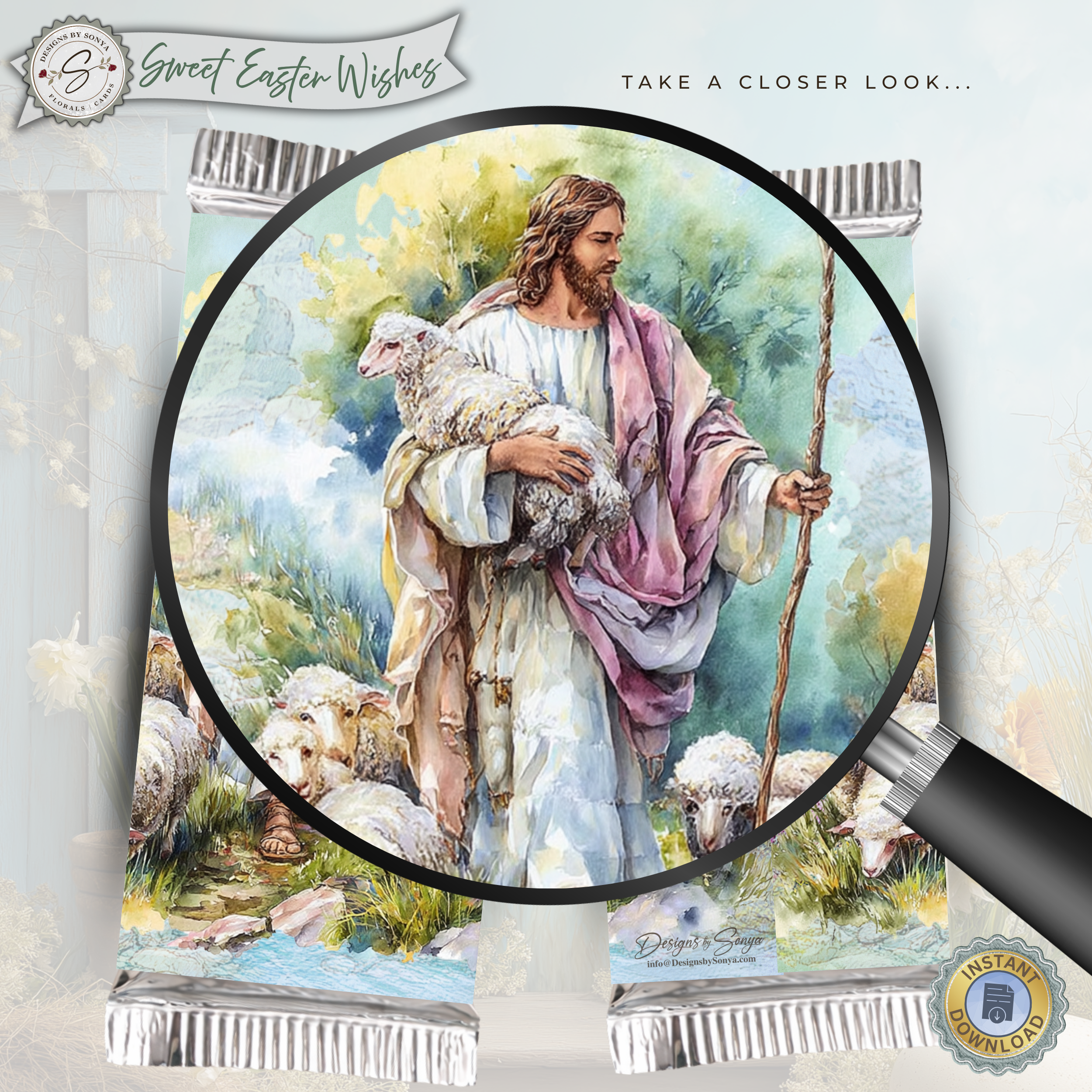 Good Shepherd Easter Candy Bar Wrapper Printable – Jesus with Lamb Watercolor Chocolate Wrap for 1.55 oz Bars – Religious Spring Basket Favor