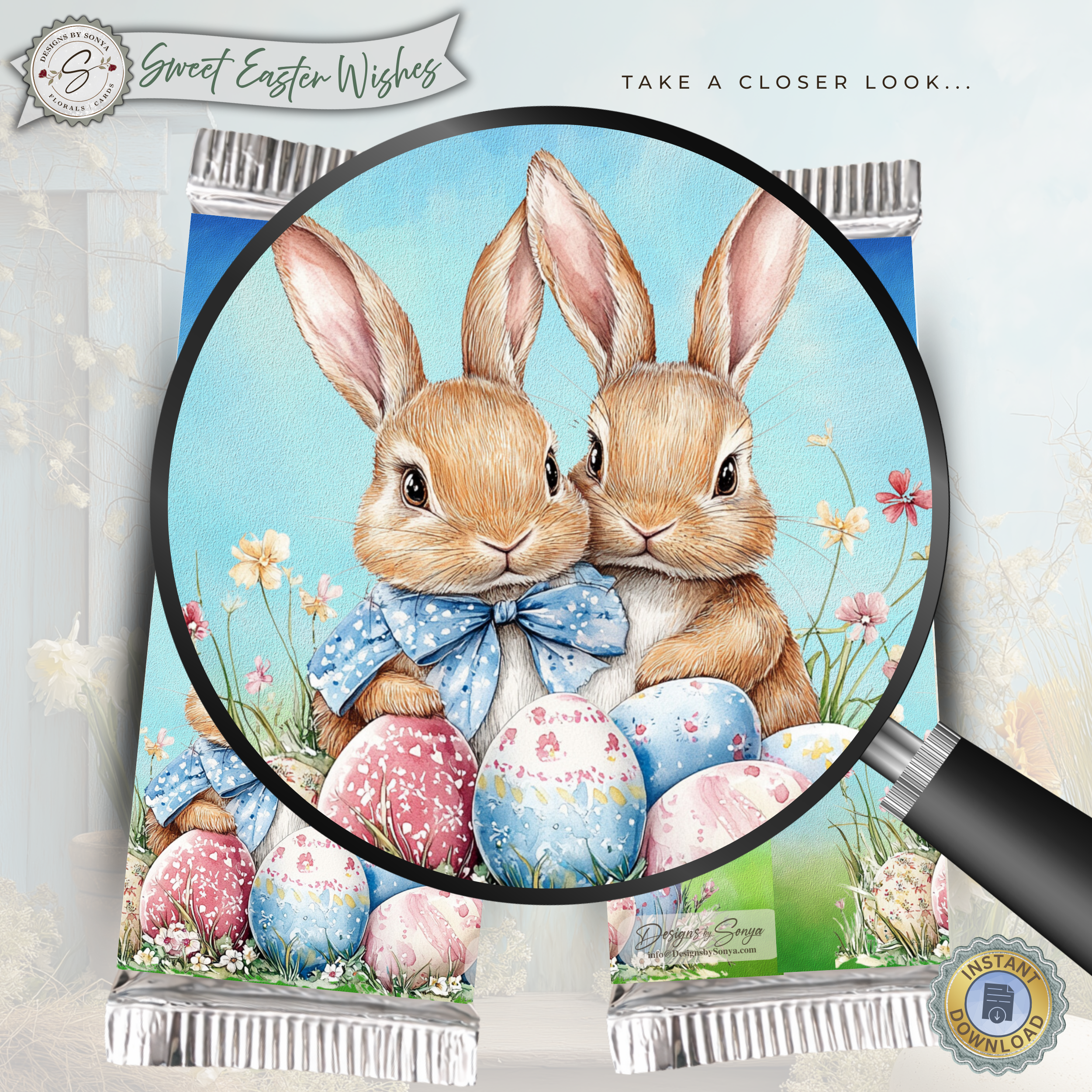 Sweet Easter Wishes Bunny Candy Bar Wrapper Printable – Watercolor Easter Chocolate Wrap for 1.55 oz Bars – Spring Basket Party Favor Treat