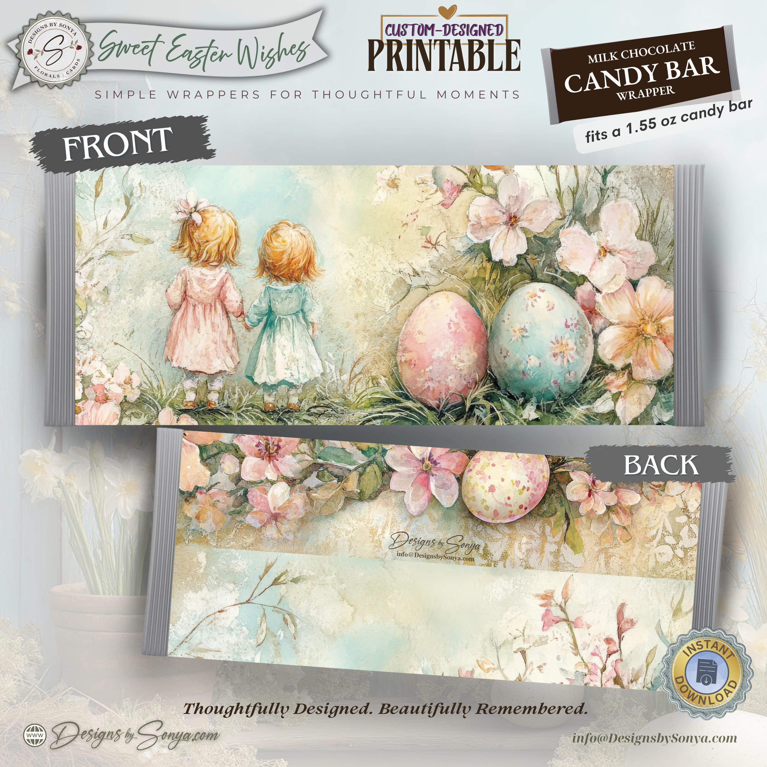 Vintage Easter Girls Candy Bar Wrapper Printable – Watercolor Spring Children Chocolate Sleeve – Easter Party Favor Treat for Easter Baskets