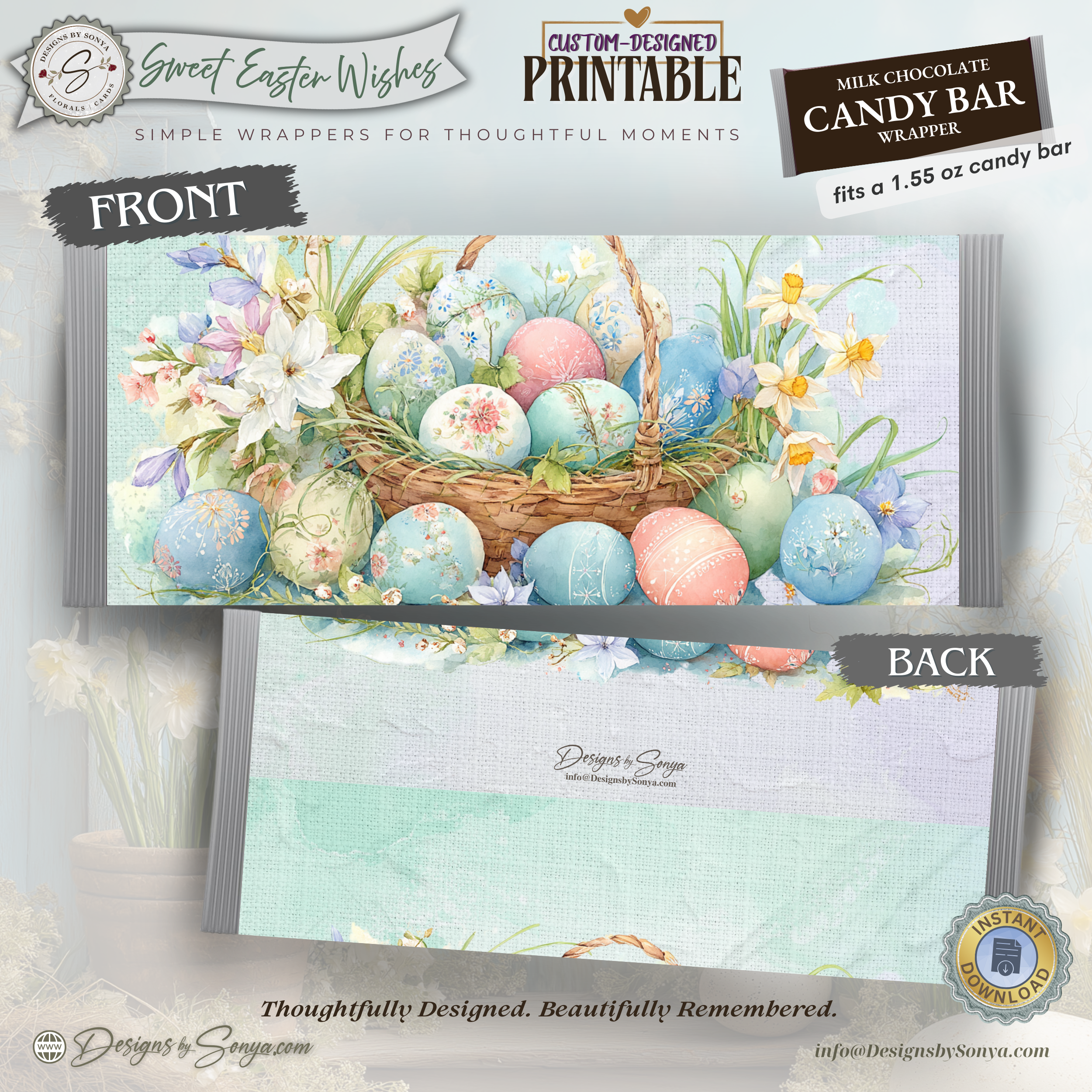 Easter Basket Eggs Candy Bar Wrapper Printable – Sweet Easter Wishes Chocolate Sleeve – Spring Party Favor for Kids Teachers Friends