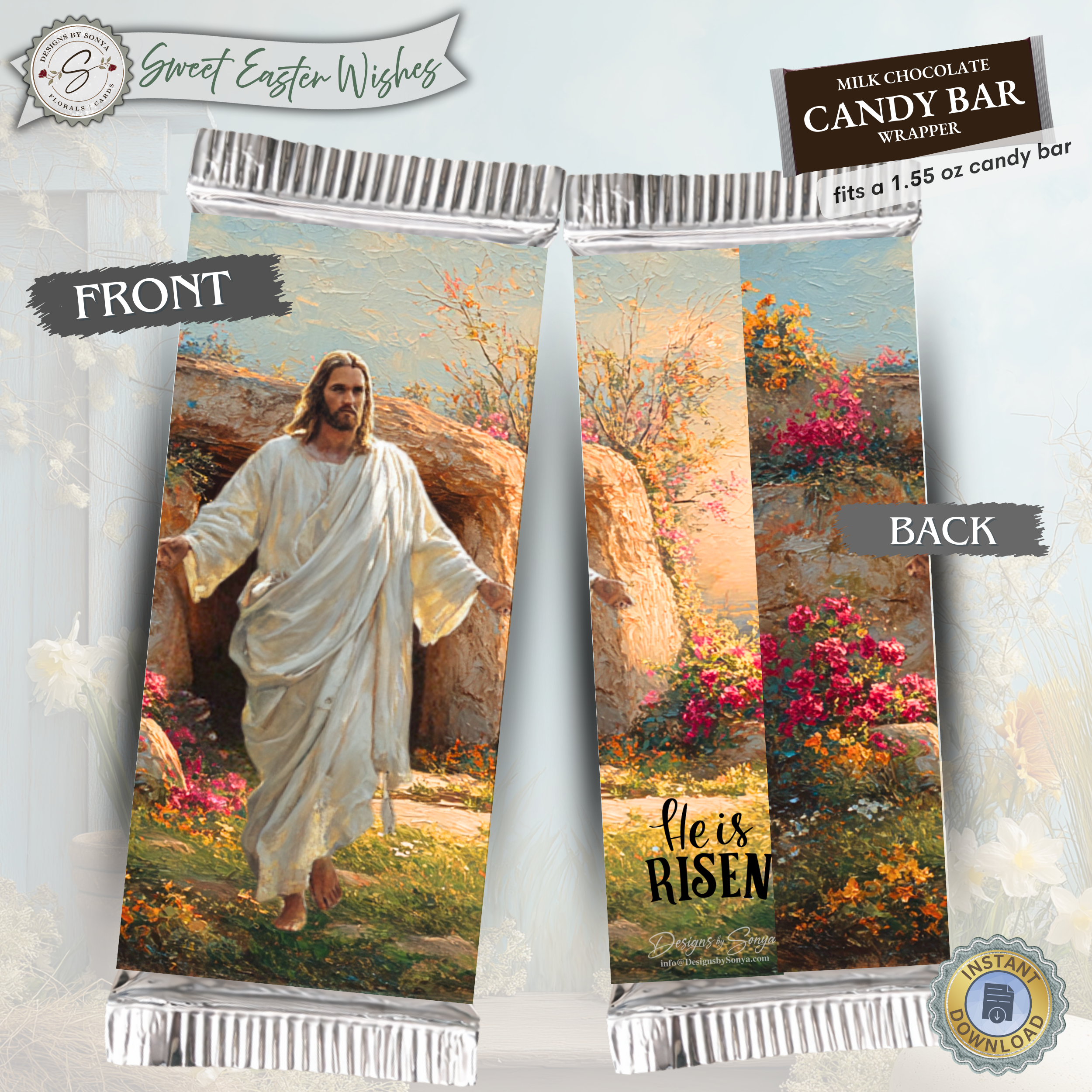 He Is Risen Easter Candy Bar Wrapper Printable – Resurrection Jesus Watercolor Chocolate Wrap for 1.55 oz Bars – Religious Spring Easter Basket Favor