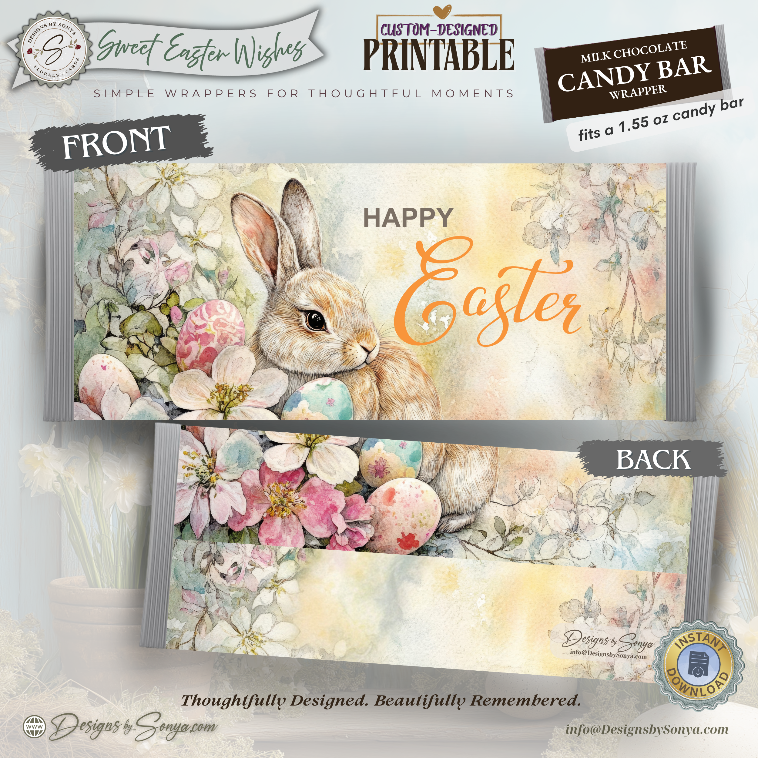 Easter Bunny Candy Bar Wrapper Printable – Watercolor Floral Happy Easter Chocolate Sleeve – Spring Party Favor for Kids Teachers Friends