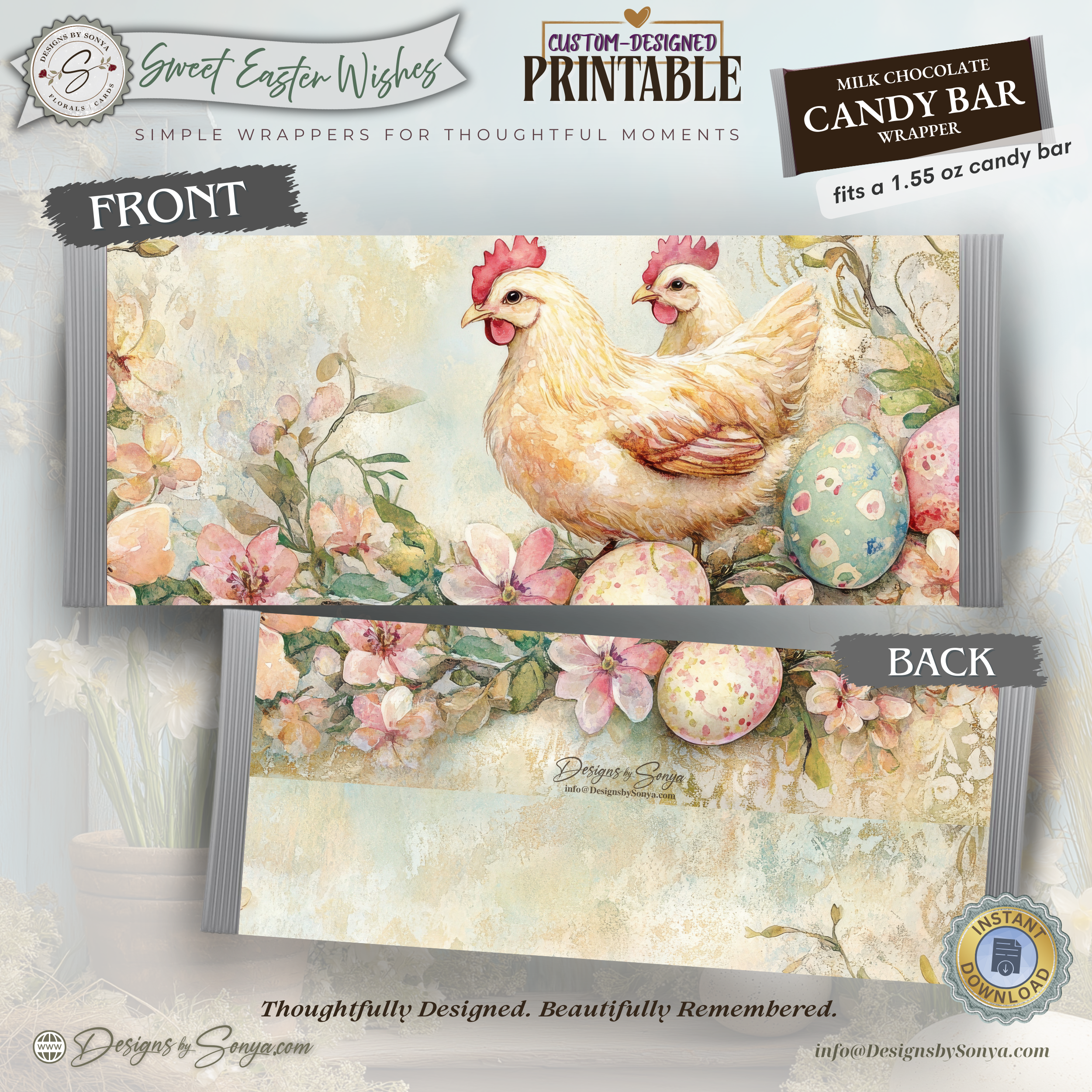 Farm Chicken Easter Candy Bar Wrapper Printable – Rustic Watercolor Happy Easter Chocolate Sleeve – Spring Party Favor Treats for Easter Baskets