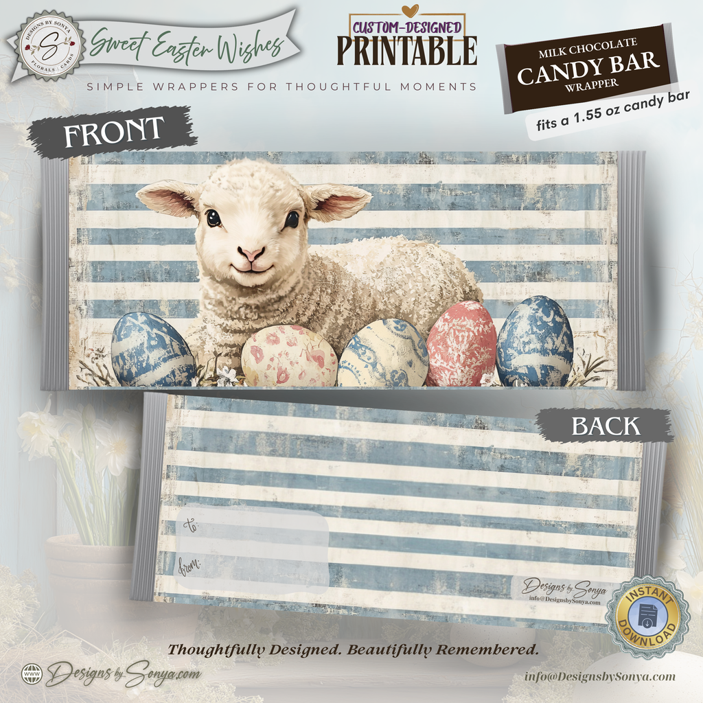 Easter Lamb Candy Bar Wrapper Printable – Sweet Easter Wishes Chocolate Bar Sleeve – Spring Treat Party Favor for Kids, Teachers & Friends