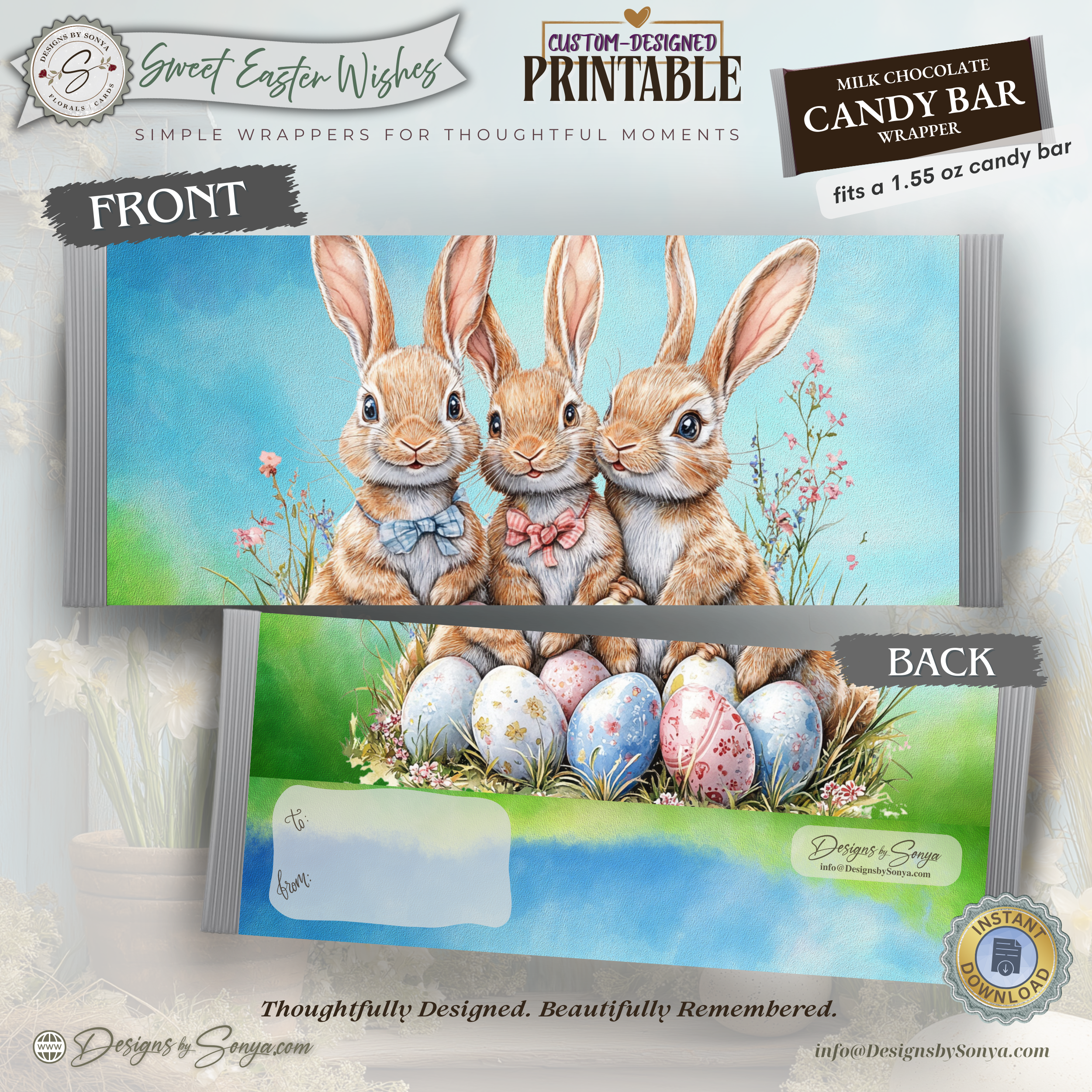 Three Bunny Easter Candy Bar Wrapper Printable – Watercolor Spring Chocolate Wrap for 1.55 oz Bars – Classroom Party Favor - Easter Basket Treat