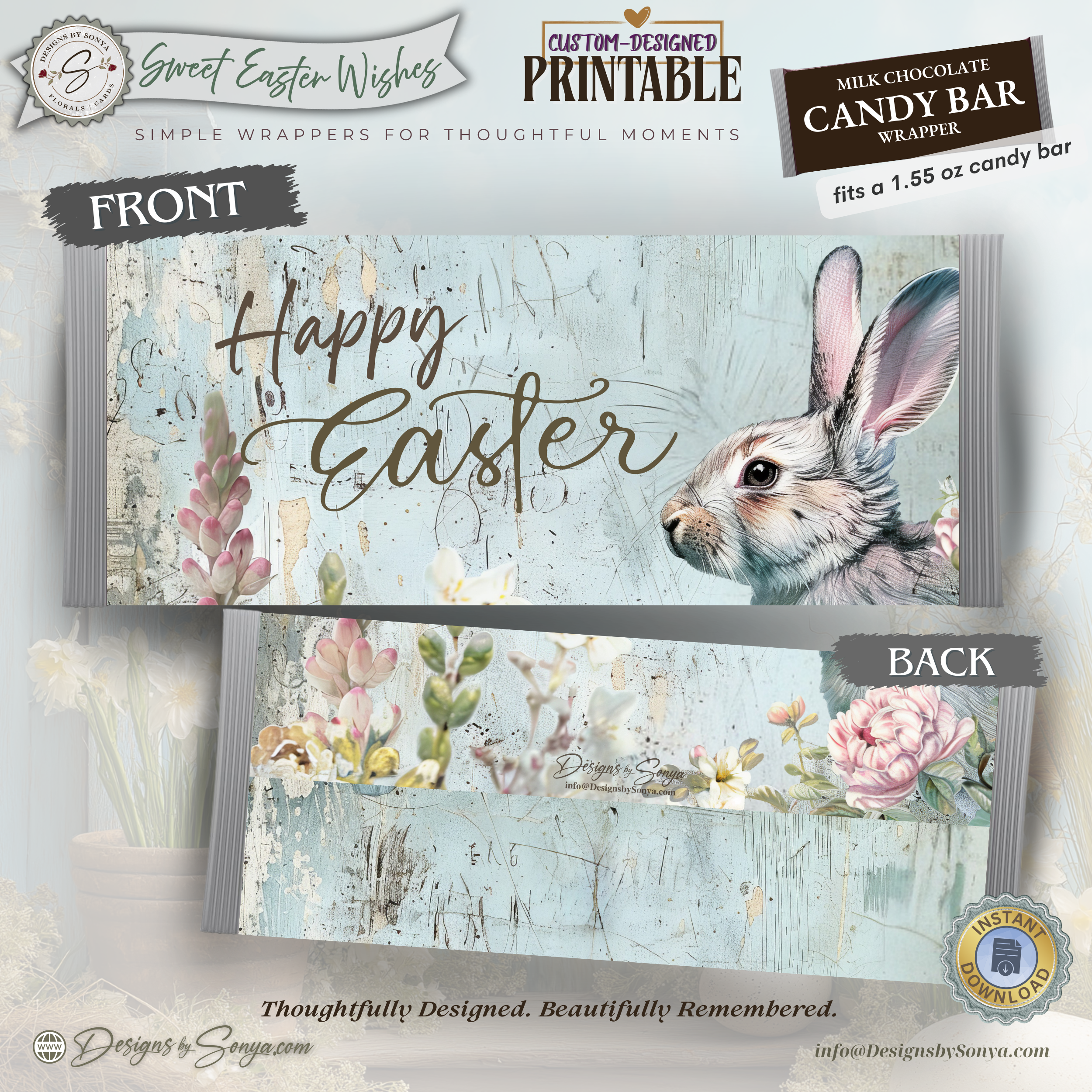 Watercolor Bunny Easter Candy Bar Wrapper Printable – Sweet Easter Wishes Chocolate Sleeve – Easter Basket Party Favor for Kids Teachers Friends
