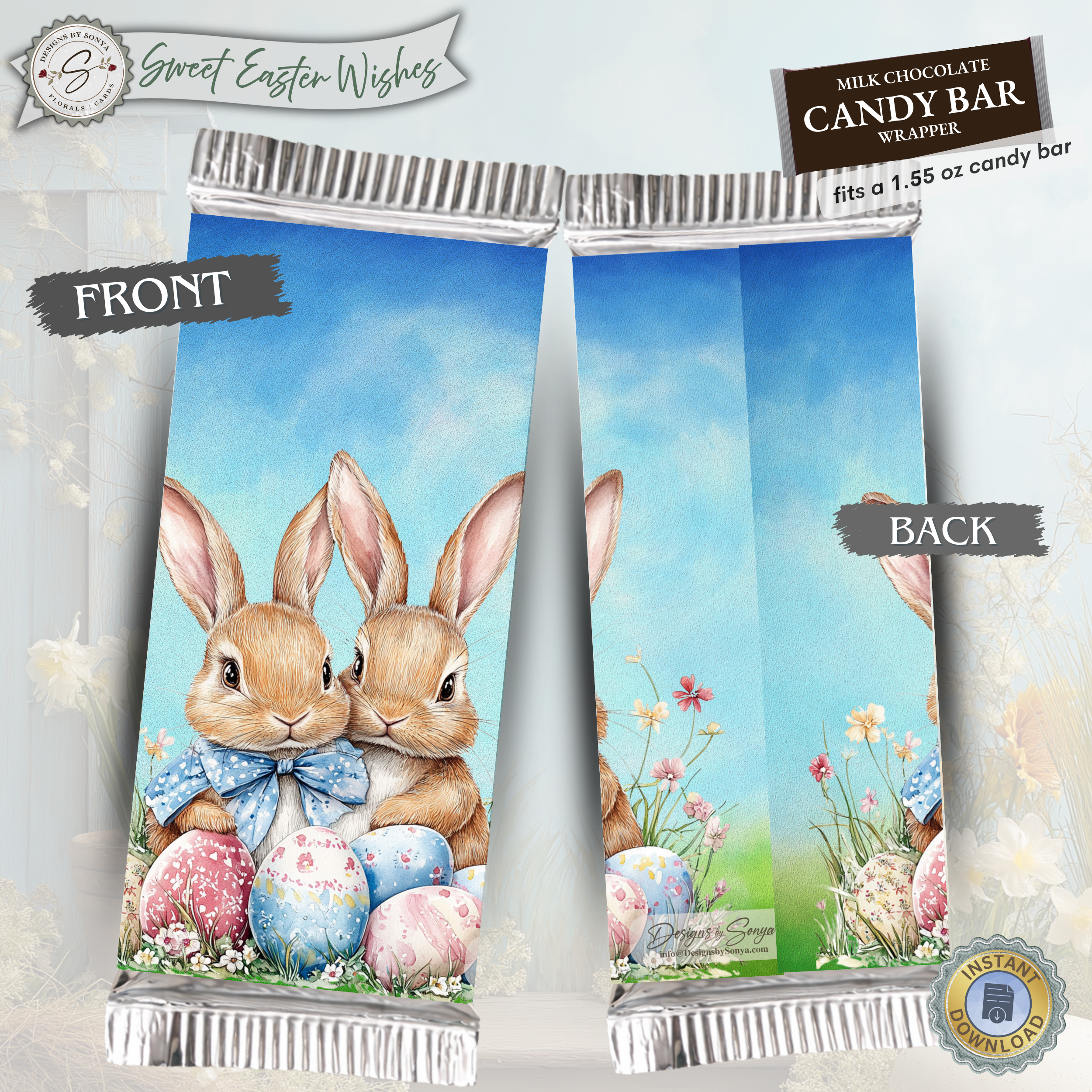 Sweet Easter Wishes Bunny Candy Bar Wrapper Printable – Watercolor Easter Chocolate Wrap for 1.55 oz Bars – Spring Basket Party Favor Treat