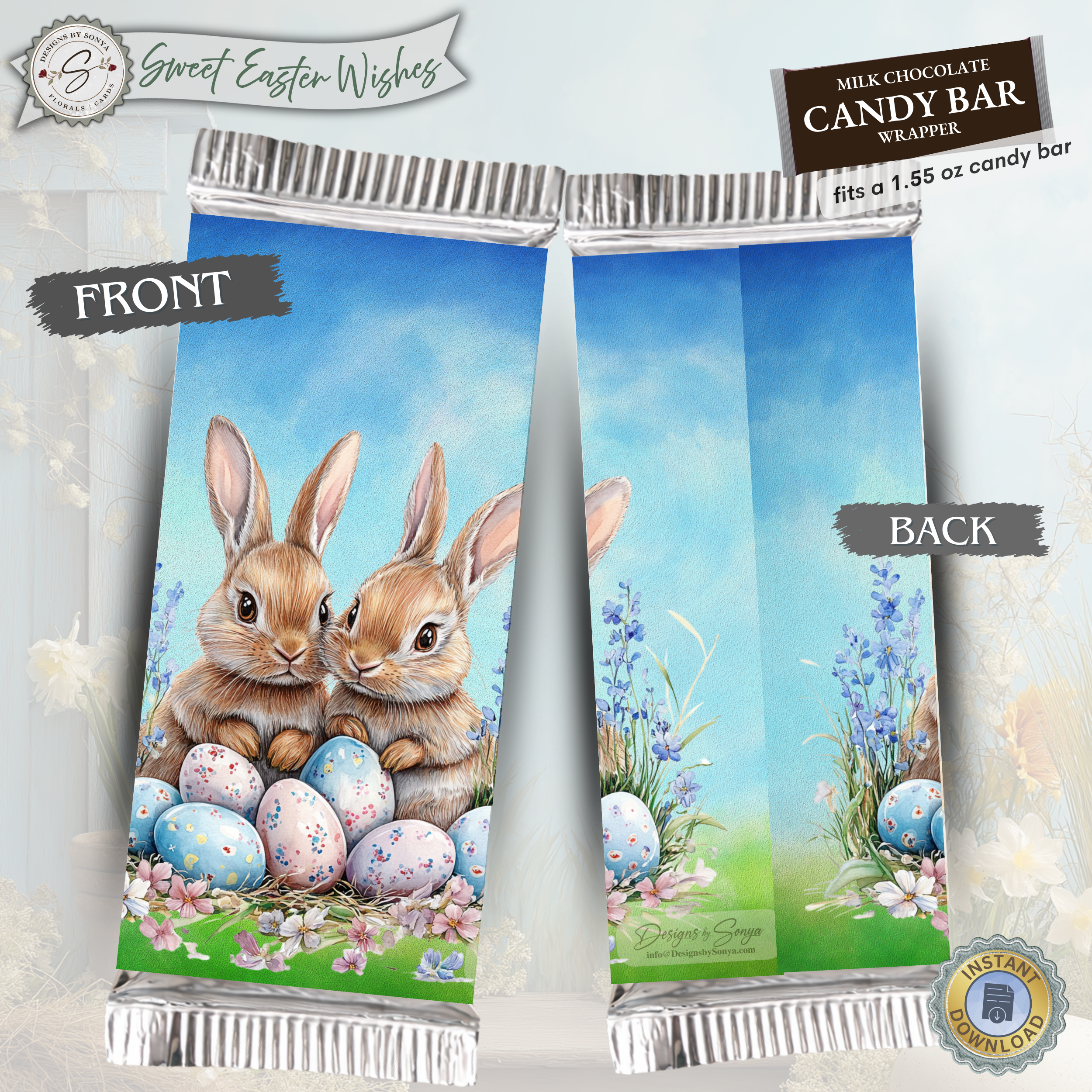 Sweet Easter Wishes Bunny Candy Bar Wrapper Printable – Watercolor Chocolate Sleeve for 1.55 oz Bars – Spring Basket Party Favor Treat