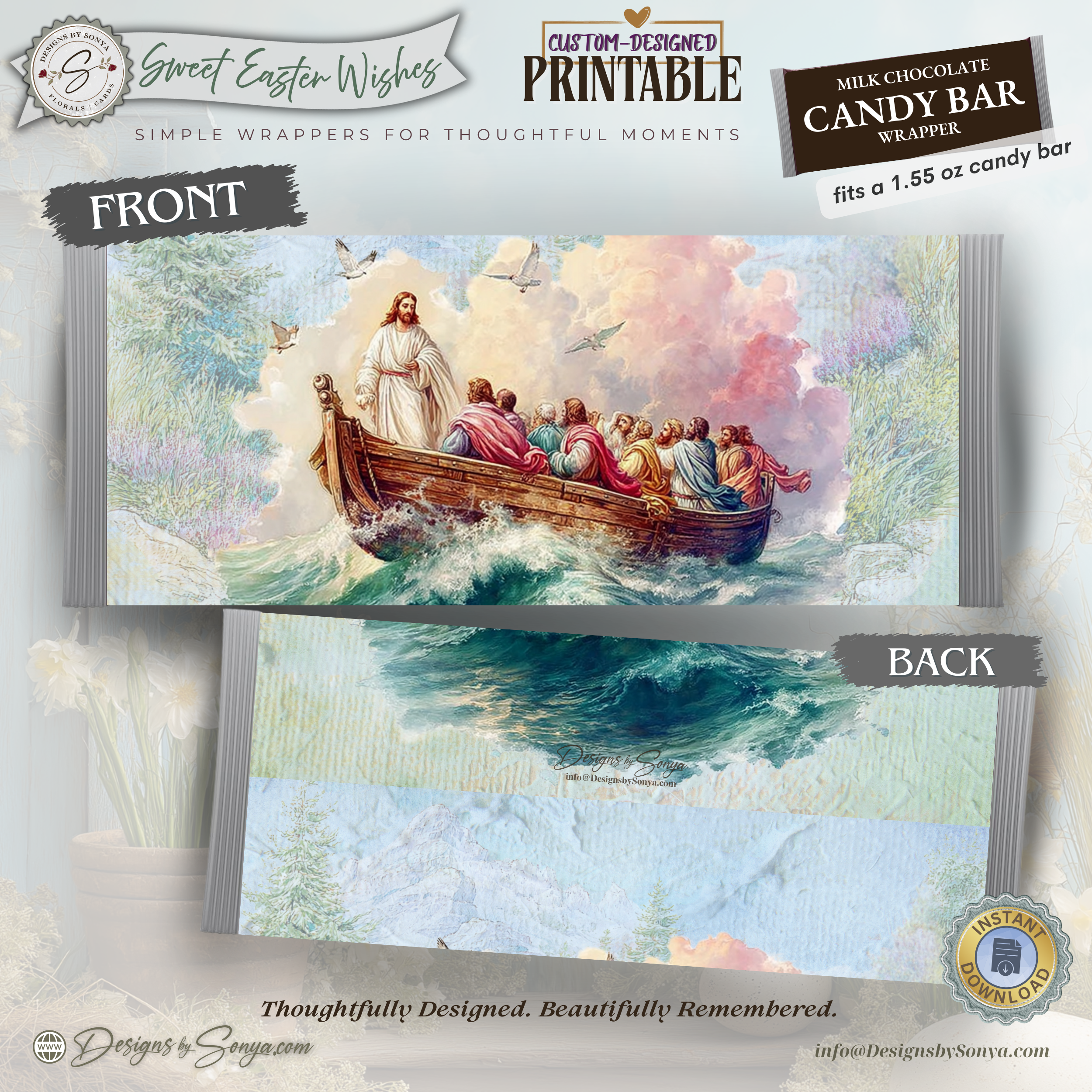 Jesus Calms the Storm Easter Candy Bar Wrapper Printable – Watercolor Disciples Boat Chocolate Wrap for 1.55 oz Bars – Religious Easter Basket Favor