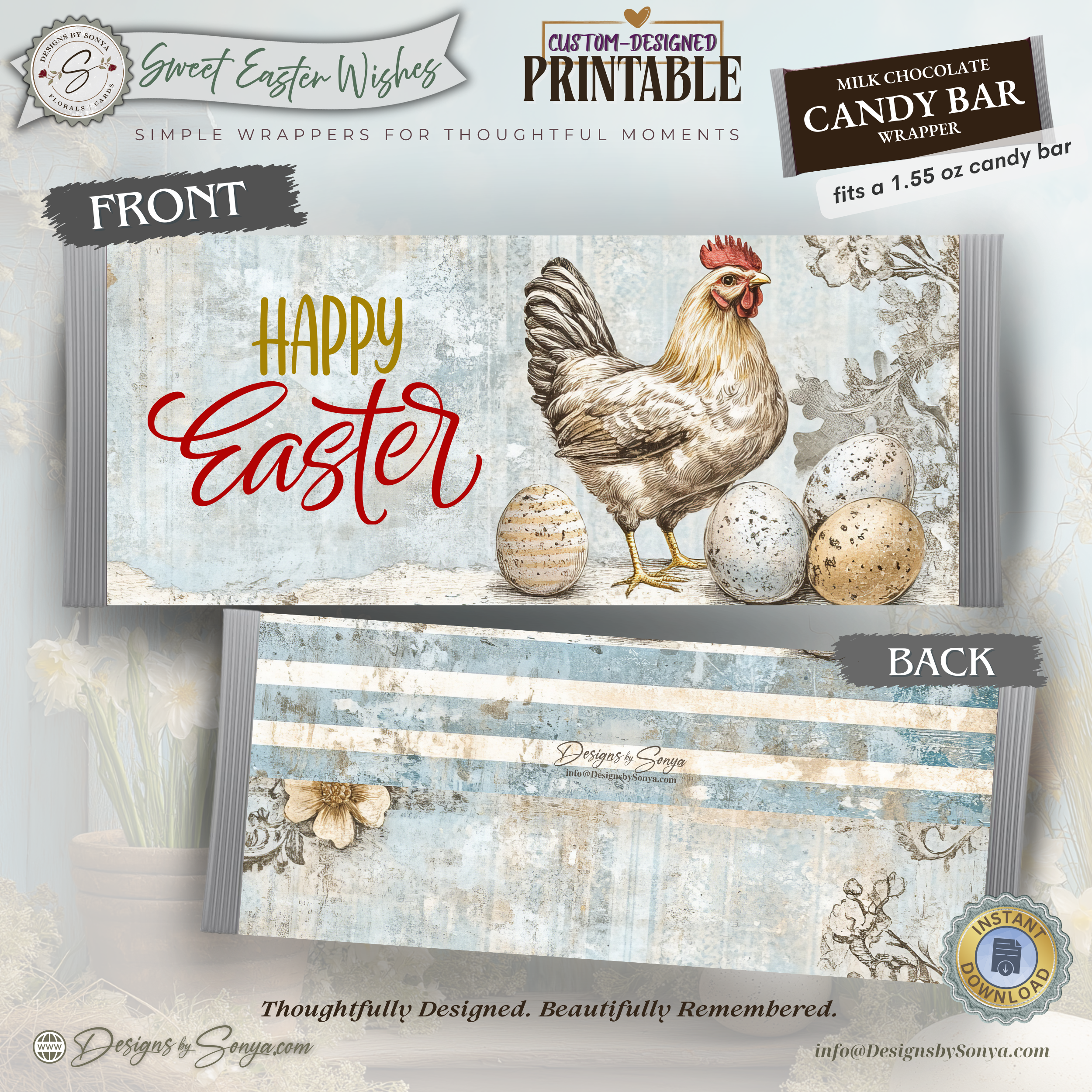 Happy Easter Candy Bar Wrapper Printable – Farm Chicken Chocolate Bar Sleeve – Rustic Spring Party Favor for Kids Teachers Friends