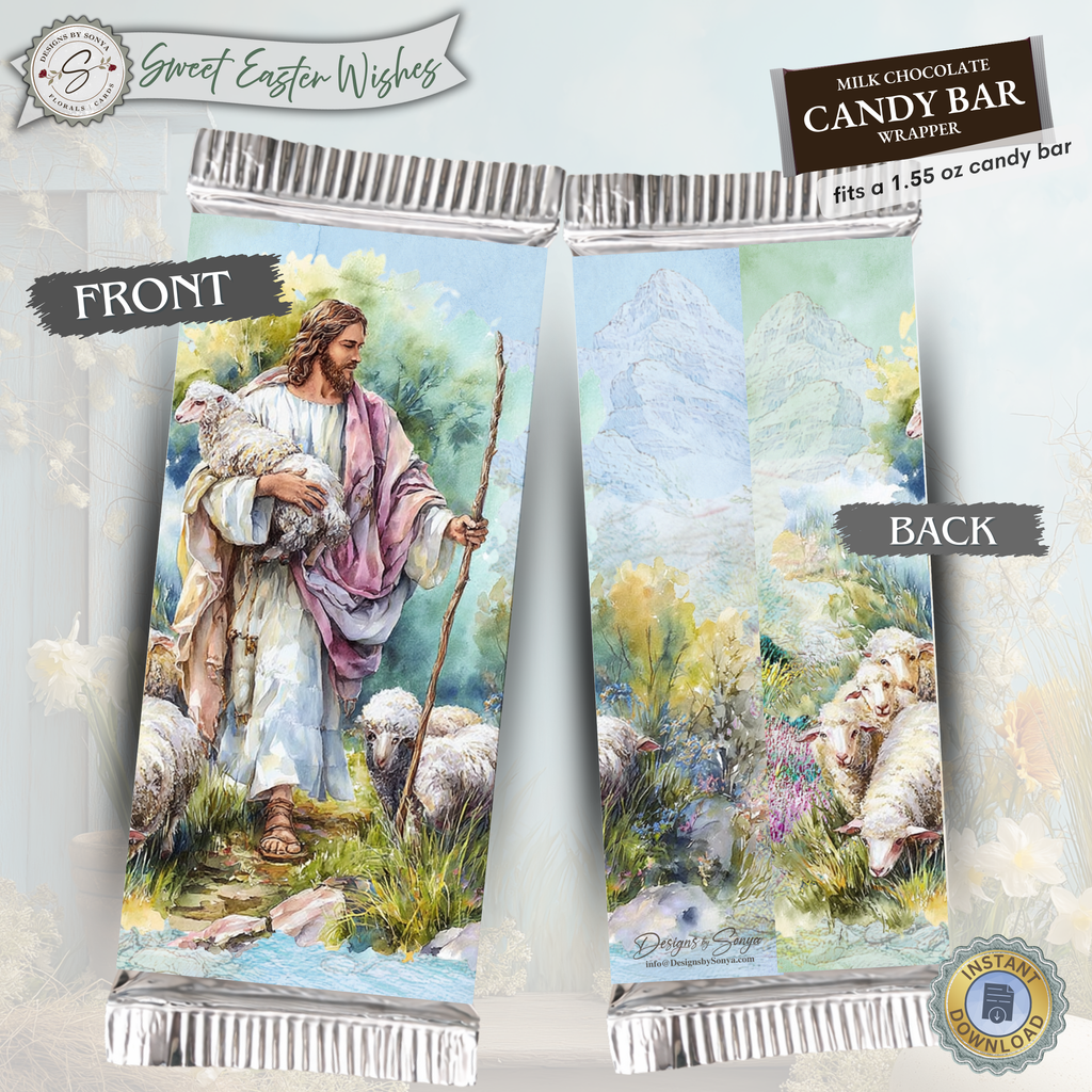Good Shepherd Easter Candy Bar Wrapper Printable – Jesus with Lamb Watercolor Chocolate Wrap for 1.55 oz Bars – Religious Spring Basket Favor