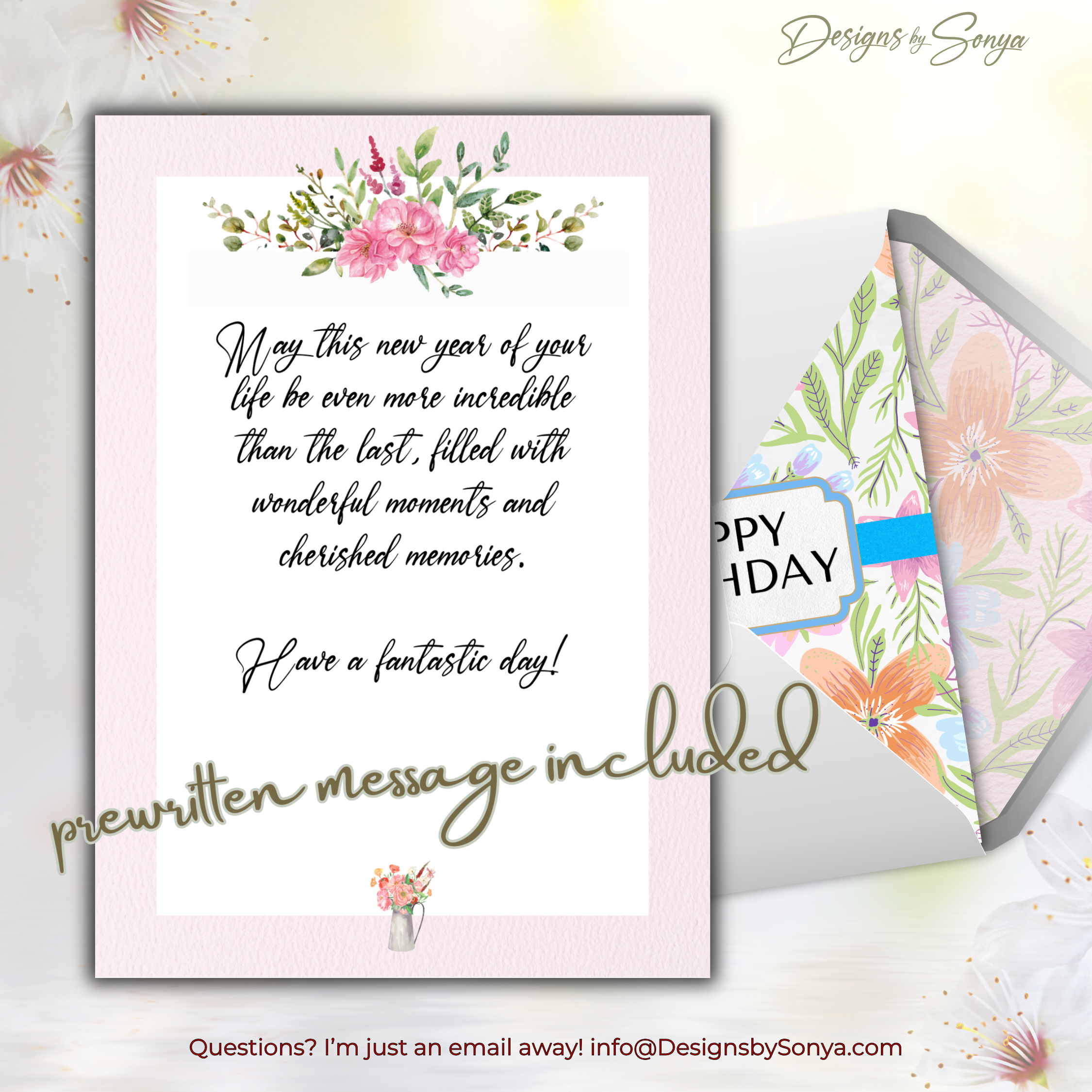 Prewritten Message Insert
Insert shows the included greeting: “May this new year of your life be even more incredible than the last, filled with wonderful moments and cherished memories. Have a fantastic day!”